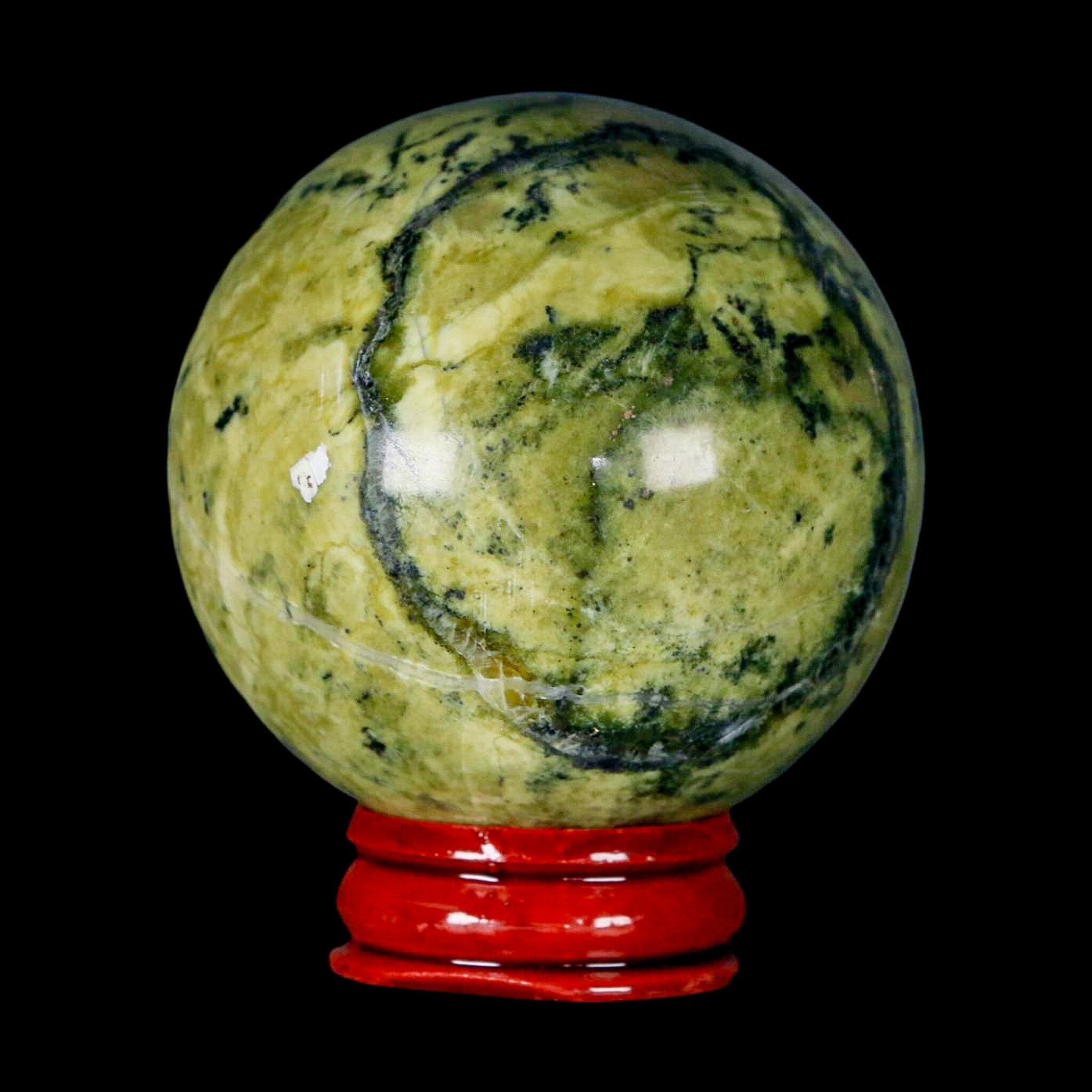 Natural Green & Yellow Serpentine Pyrite Sphere Ball - XL 54mm Healing Crystal from Peru with Display Stand | Meditation, Feng Shui, Home Decor & Energy Healing Stone