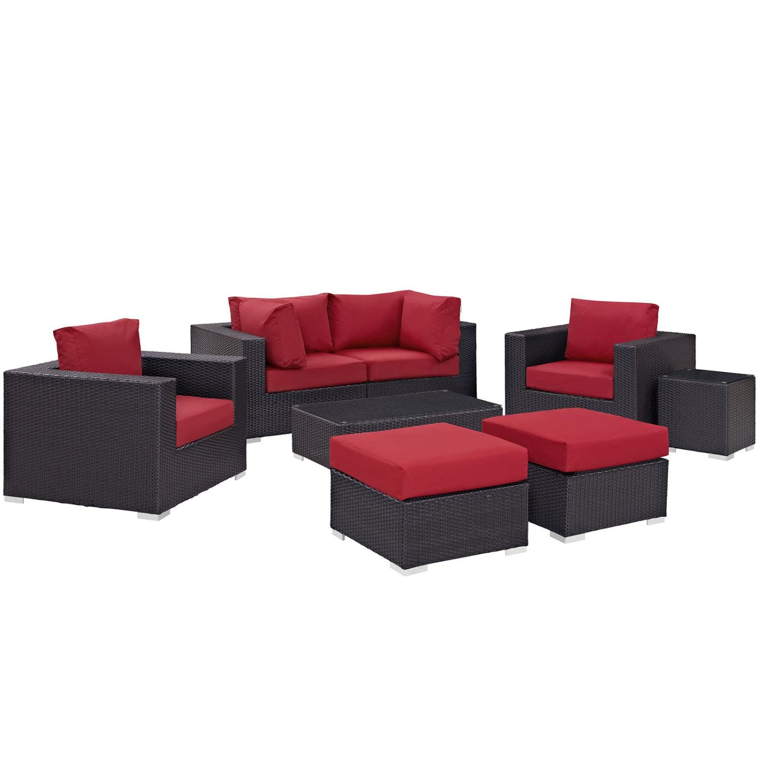 Modway Convene 8-Piece Outdoor Patio Sectional Set - Espresso Red Wicker Furniture for Backyard, Garden & Poolside Relaxation