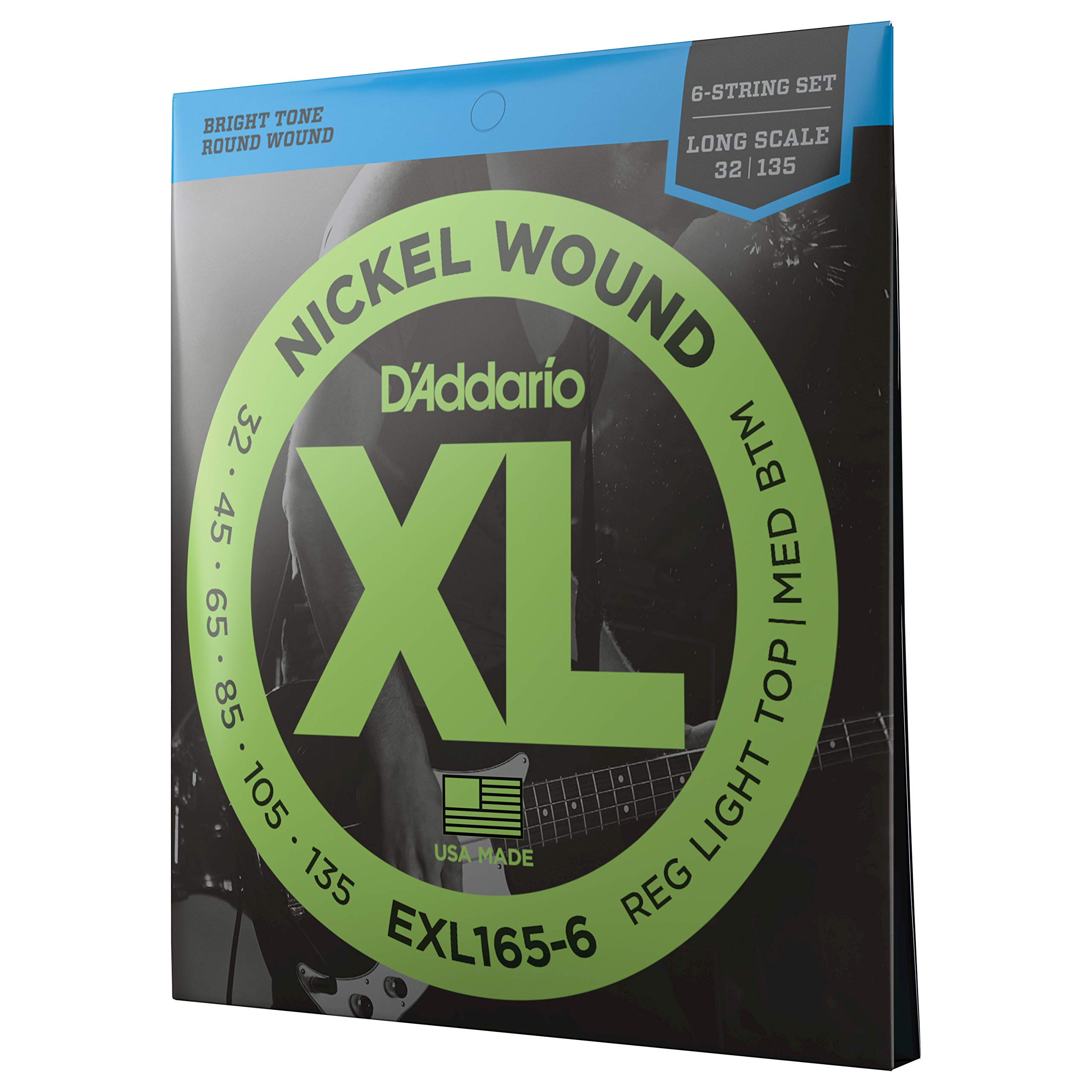D'Addario EXL165-6 XL Nickel Bass Guitar Strings - 6 String Set (32-135 Regular Light Top/Medium Bottom) - Superior Intonation, Feel & Durability for Long Scale Bass Guitars - Perfect for Rock, Jazz & Studio Recording