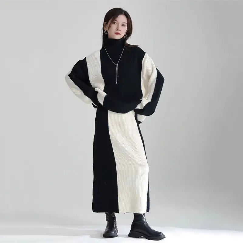 2023 New Y2K Korean Style Knitted Women's Thickened Turtleneck Color Block Sweater & Skirt Two-Piece Set - Cozy Winter Outfit for Casual Wear, Dating, Office & Street Fashion