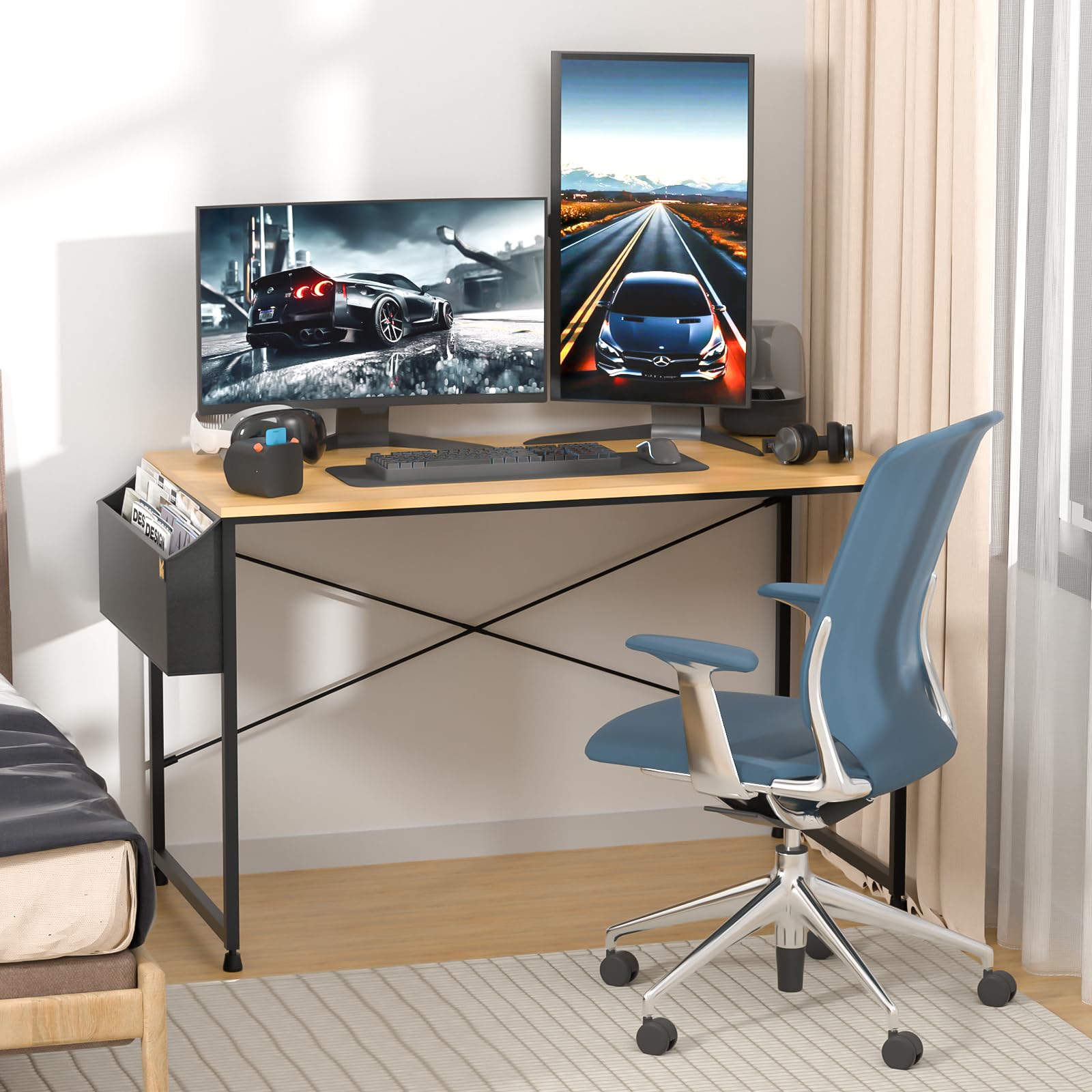 MoNiBloom Modern Simple Style Computer Desk with Storage Bag - Light Walnut Laptop Table for Home Office, Study, Living Room & Bedroom - Perfect for Work, Reading & Writing