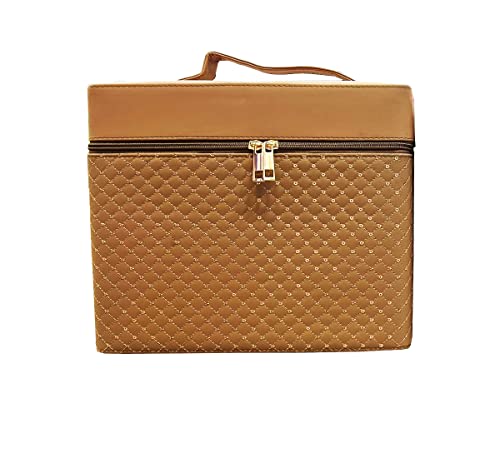 SYFER Multifunctional Travel Cosmetic Bag with Mirror - 4 Layer Foldable Makeup Organizer with Side Drawers, Portable Jewelry Storage Case for Earrings & Necklaces (Brown) | Perfect for Travel, Home Vanity & Train Makeup Organization