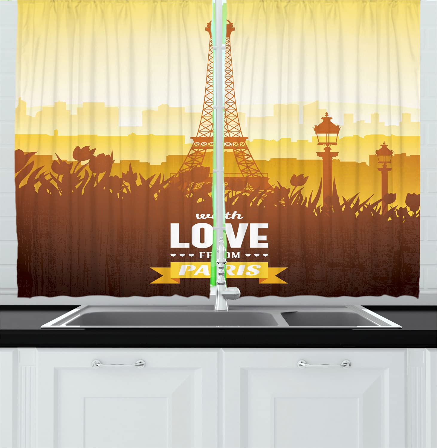 Ambesonne Paris Long Kitchen Curtains - Eiffel Tower with Tulip & City Silhouette Floral Design, Romantic Nostalgic Decor - 2 Panel Rod Pocket Drapes 55x45 Inches, Orange Yellow Brown - Perfect for French Country Kitchen, Dining Room & Cafe Style Windows