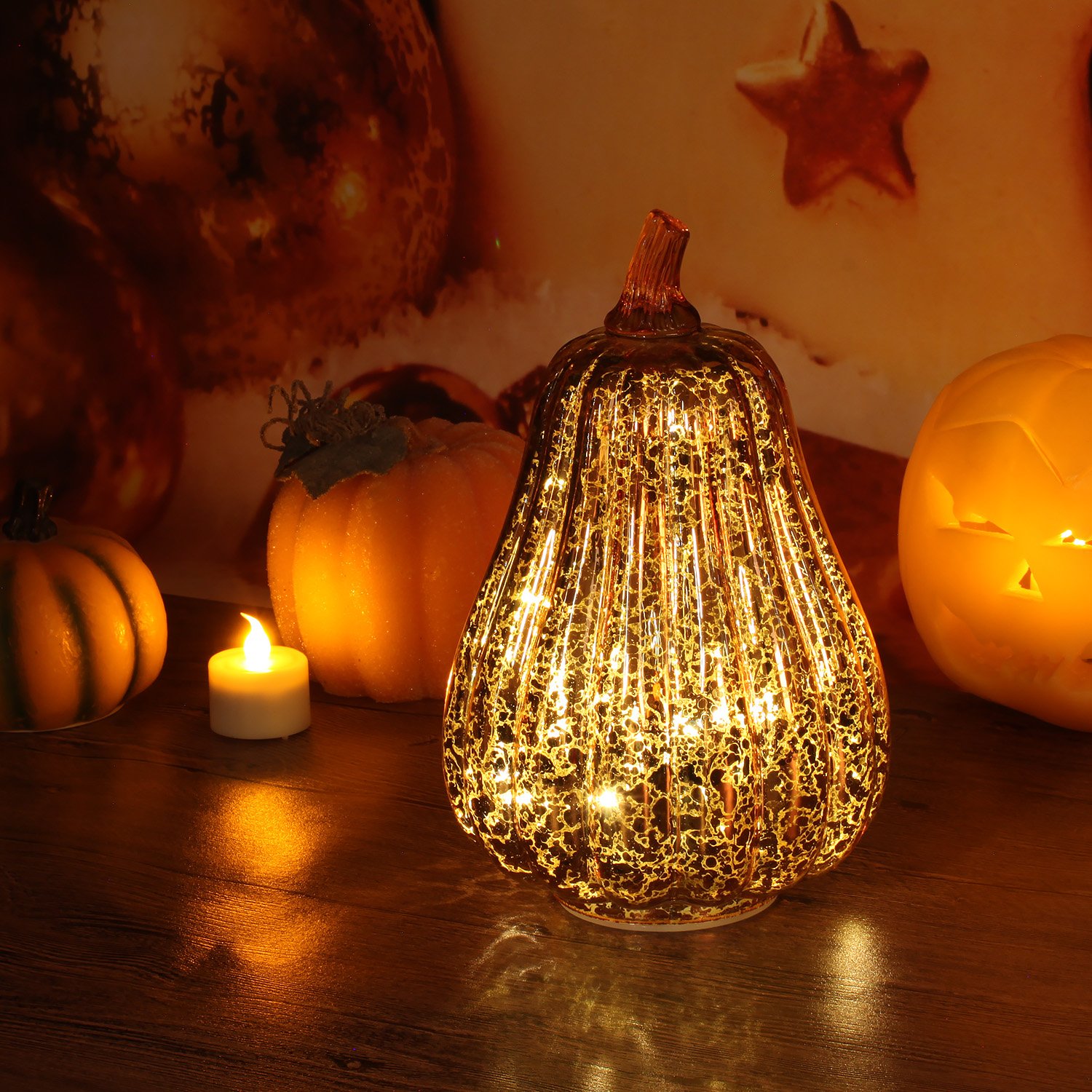 Romingo Mercury Glass Pumpkin Light with Timer - Gold Halloween Decor, Fall & Thanksgiving Decoration (8.7 Inch) - Perfect for Porch, Mantel, and Tabletop Displays