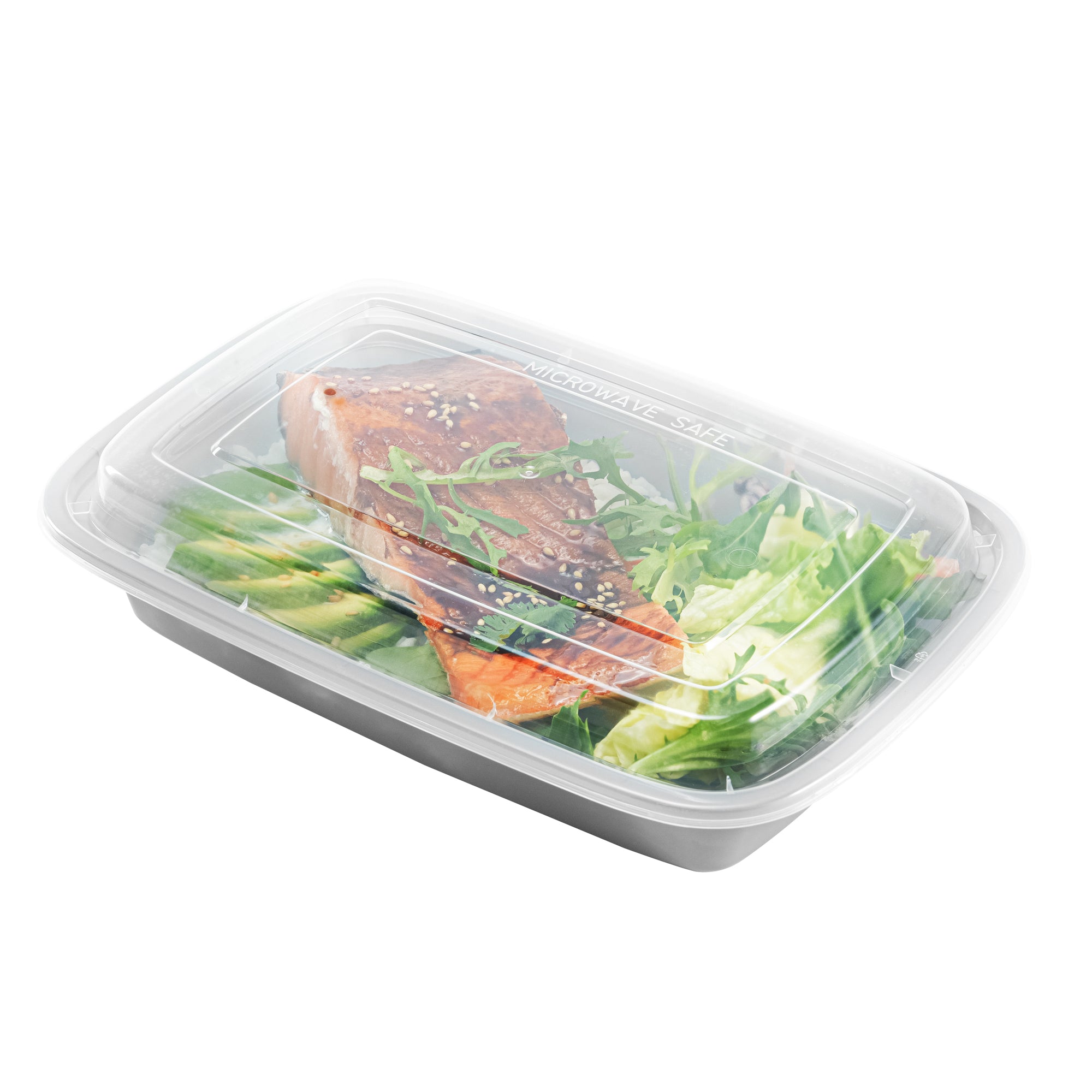 28 oz Rectangle Silver Plastic To-Go Food Containers with Clear Lids - Microwave Safe, 8.75
