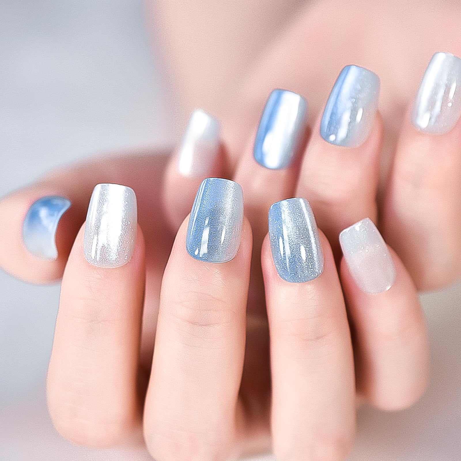 30pcs Ombre Blue Press On Fake Nails - Coffin Squoval Medium Length Acrylic False Nails with Silver Cat Eye Design, Reusable Glue On Nails for Women & Girls - Perfect for Salon Manicure, Parties, Weddings & Daily Wear