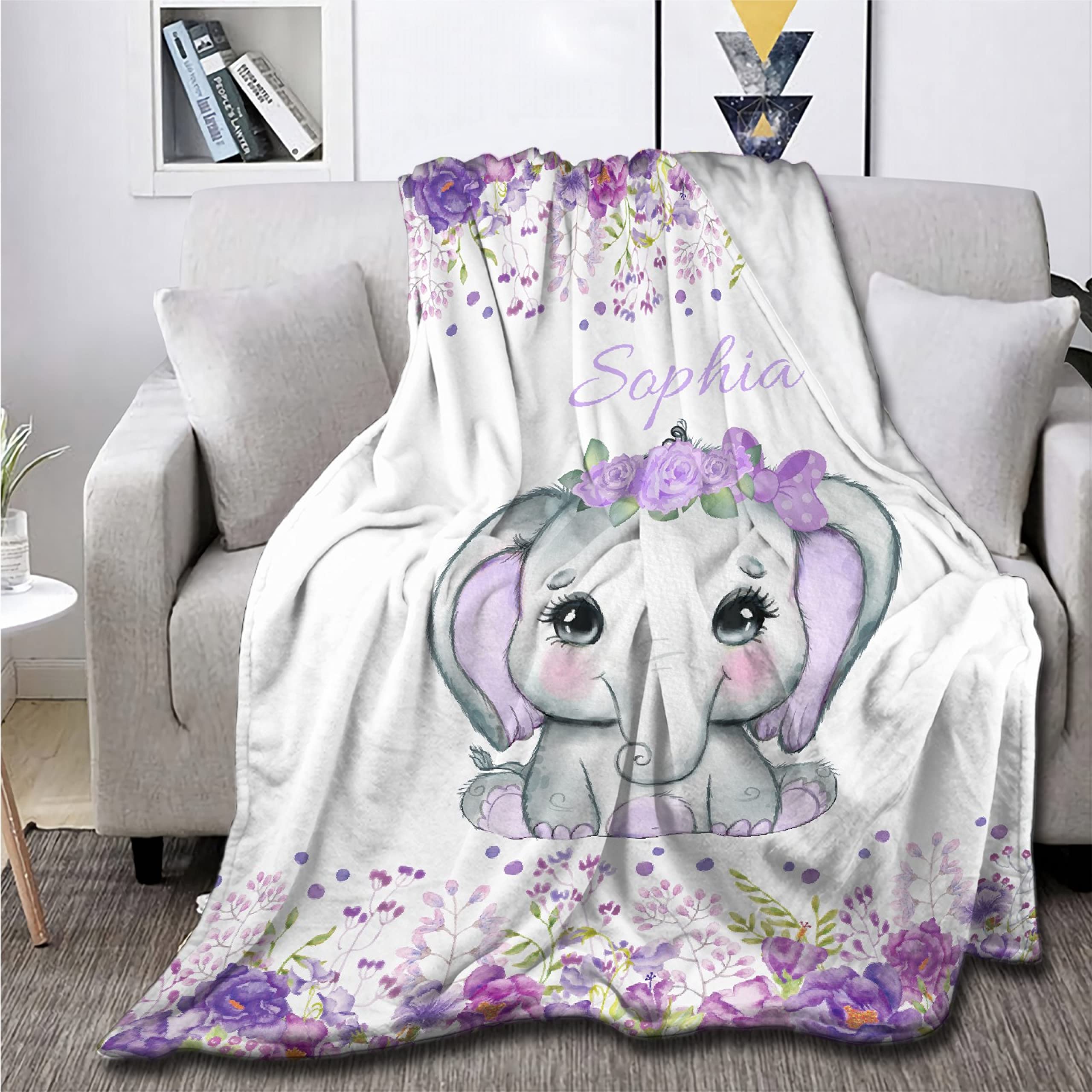 Personalized Baby Blankets for Girls and Boys - Custom Name Baby Blanket Gift - Soft Cozy Fleece Elephant Throw Blanket for Newborns - XL Size for Nursery, Crib, Stroller & Family Cuddles