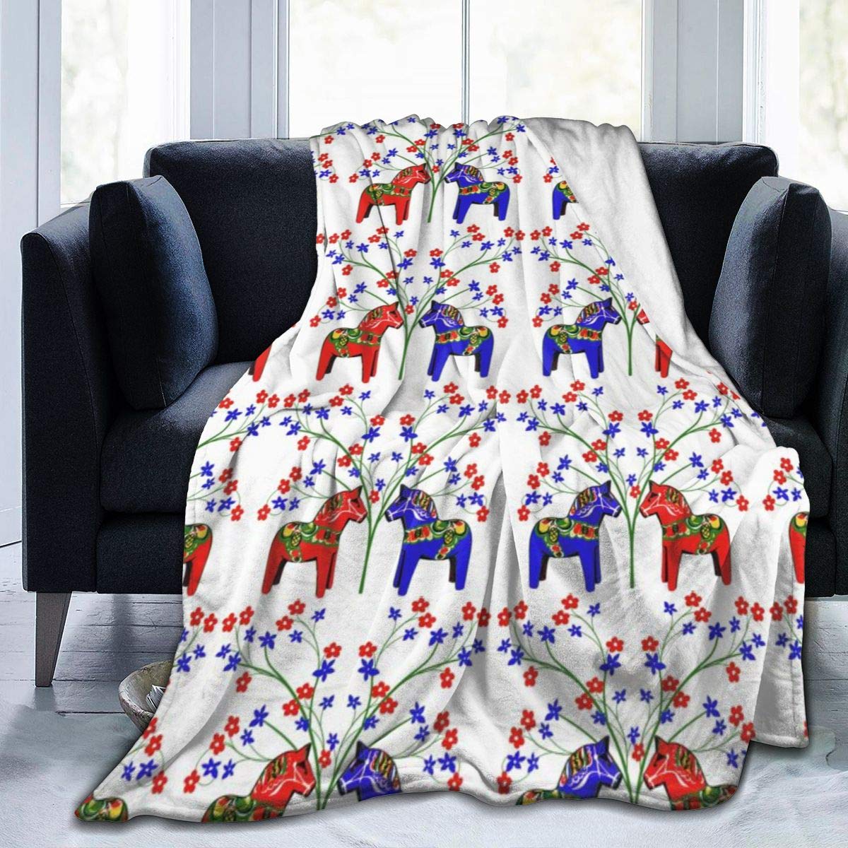 Soft Floral Swedish Dala Horses Sherpa Fleece Throw Blanket - 40