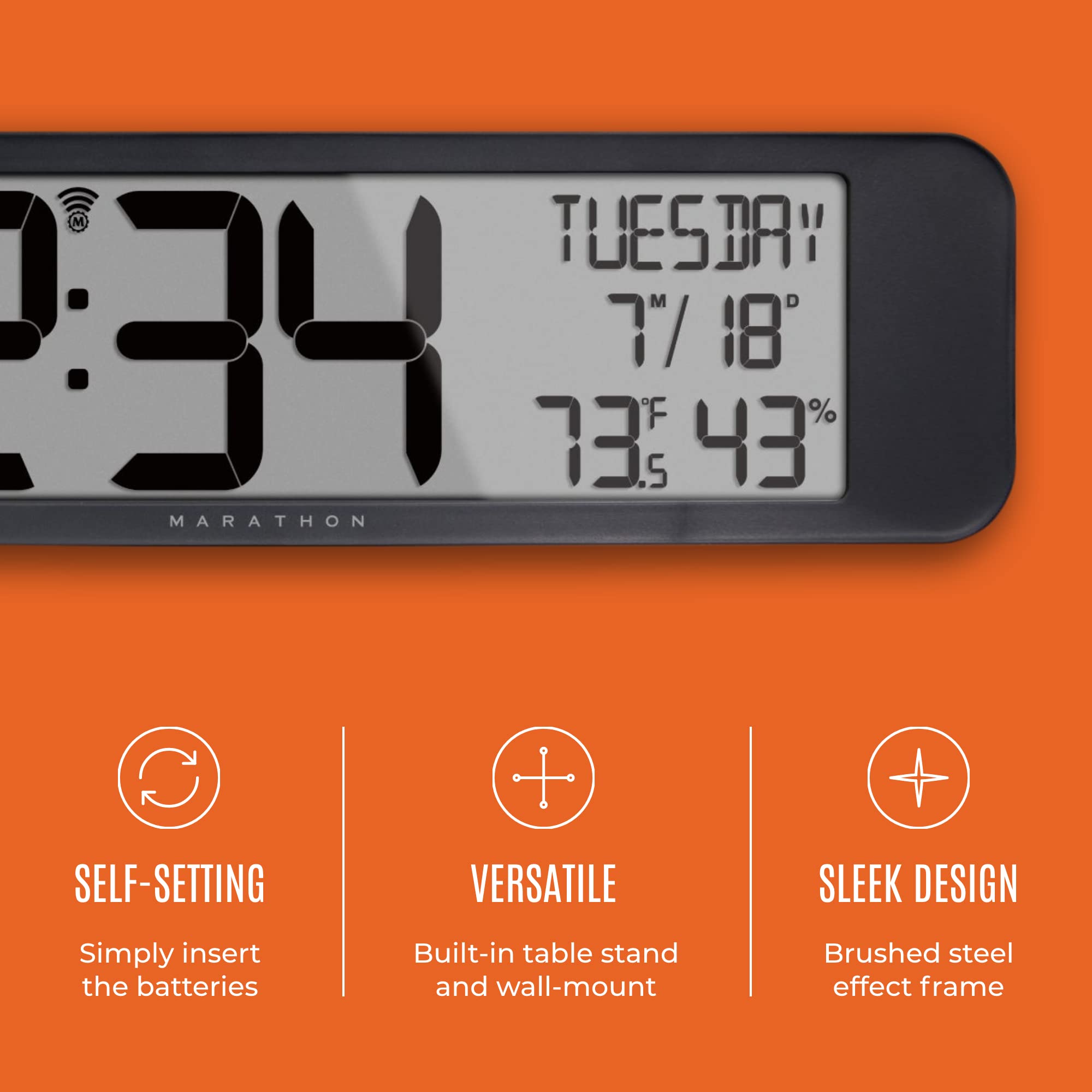 MARATHON UltraWide Atomic Wall Clock - 14-Inch Panoramic Display with AM/PM & 24-Hour Format | 8 Time Zones, Indoor Temperature & Humidity Monitor | Includes 2 AA Batteries | Perfect for Home, Office & Classroom Use