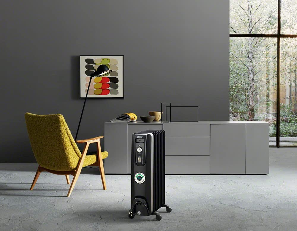 DeLonghi EW7707CBCA 1500W Oil-Filled Radiator Space Heater - Quiet, Adjustable Thermostat, 3 Heat Settings, Energy Efficient, Safety Features, Black - Perfect for Bedroom, Office & Home Heating