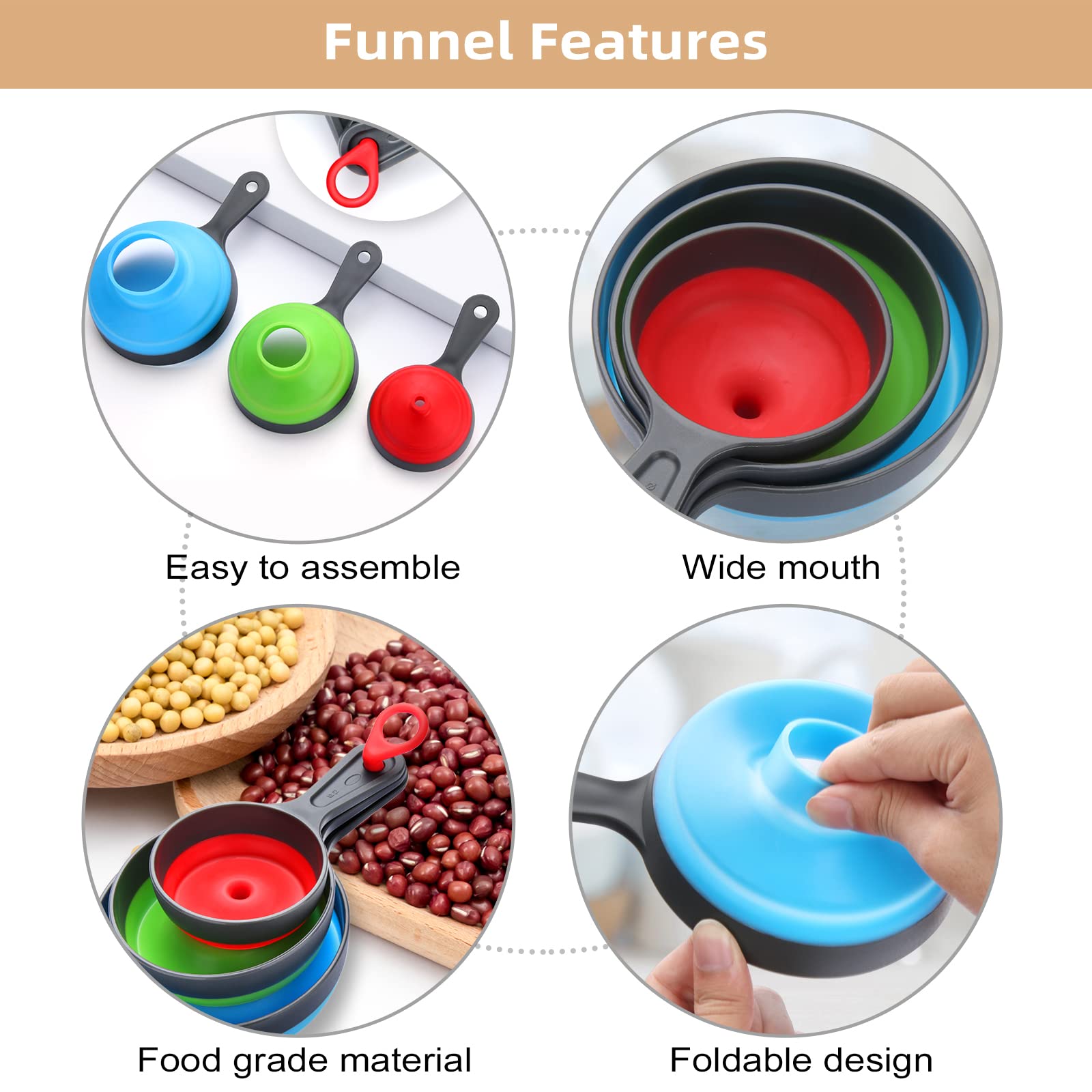 Dokpod 3-Piece Collapsible Kitchen Funnel Set - Wide Mouth Canning Funnel for Bottles, Small/Medium/Large Funnels for Solids, Powder & Liquids - Perfect for Home Canning, Baking & DIY Projects