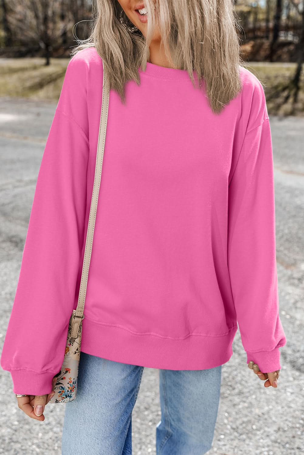Bonbon Plain Drop Shoulder Crewneck Pullover Sweatshirt for Women - Soft Casual Oversized Sweater for Fall & Winter - Perfect for Lounge, Travel, and Everyday Wear