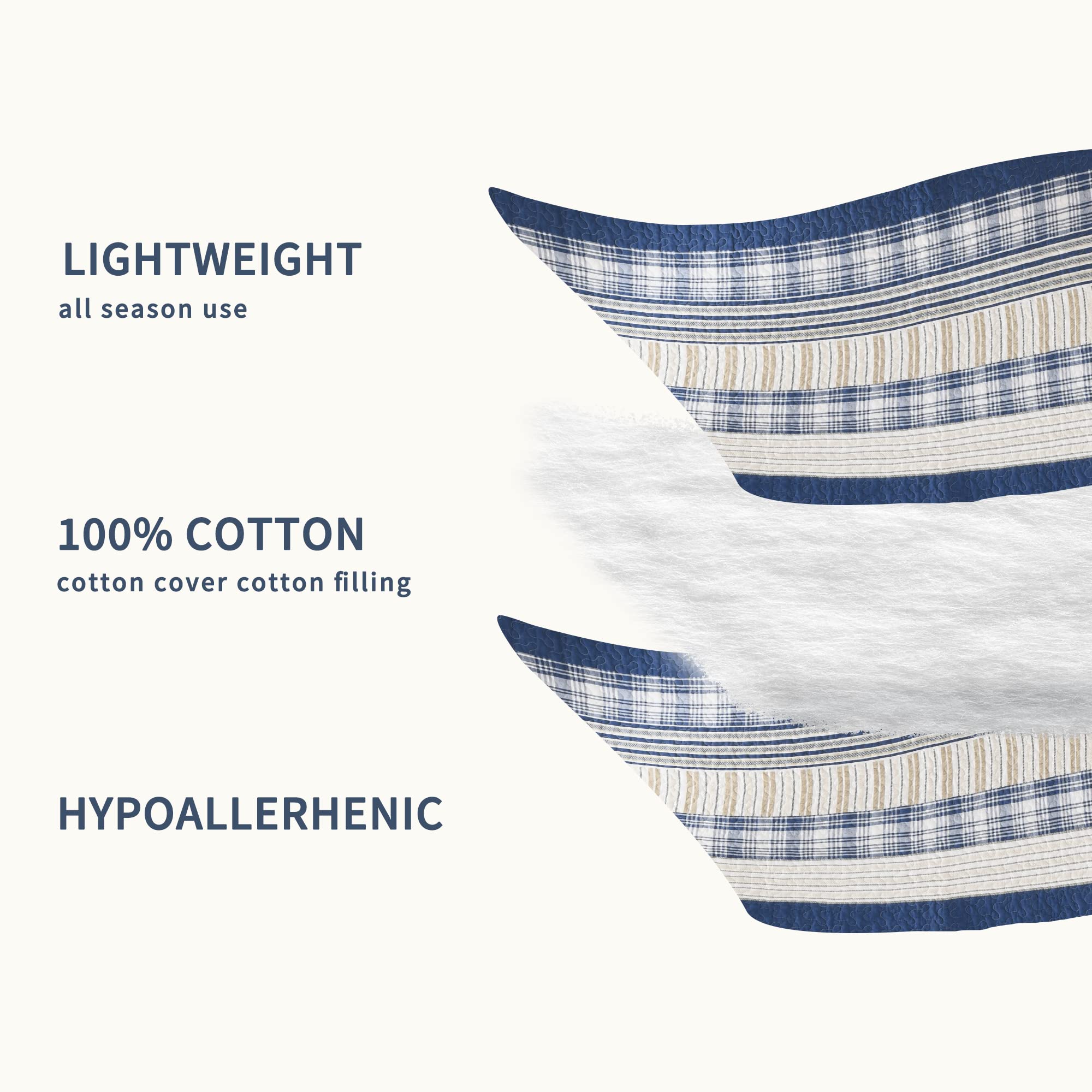 Homzard Queen Size Comforter Set - Blue White Tan Striped Quilt, Plaid Farmhouse Bedspread, Lightweight All-Season Bedding (3-Piece) | Perfect for Cozy Farmhouse & Modern Bedroom Decor