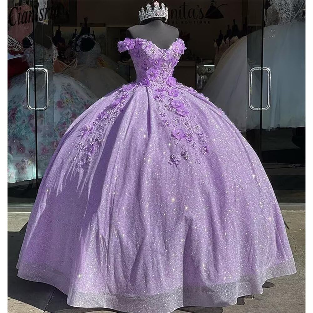 Elegant Long Prom Dress with Off-the-Shoulder Design | Quinceañera Ball Gown with 3D Handmade Tulle Flowers | Sweet 16 Dresses for Formal Dances & Special Occasions