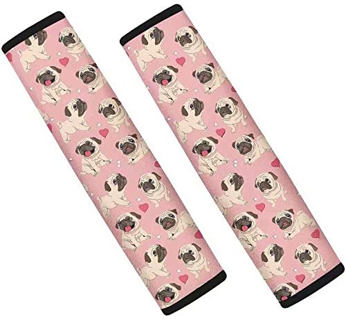 Pensura 2 Pack Neoprene Seat Belt Cushion Cover - Pink Lovely Pug Print Car Safety Belt Pad, Shoulder Strap Protector & Neck Cushion for Comfortable Driving | Car Accessories for Women, Men & Kids