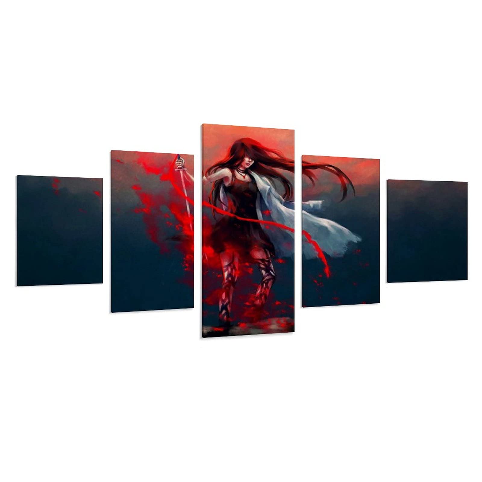 5 Pieces Fantasy Art Blood Sword Broken Arm Long Hair Girl Canvas Wall Art - Gothic Decor Paintings for Living Room, Bedroom, Game Room & Office - Ready to Hang Poster Set with Unique Dark Fantasy Theme