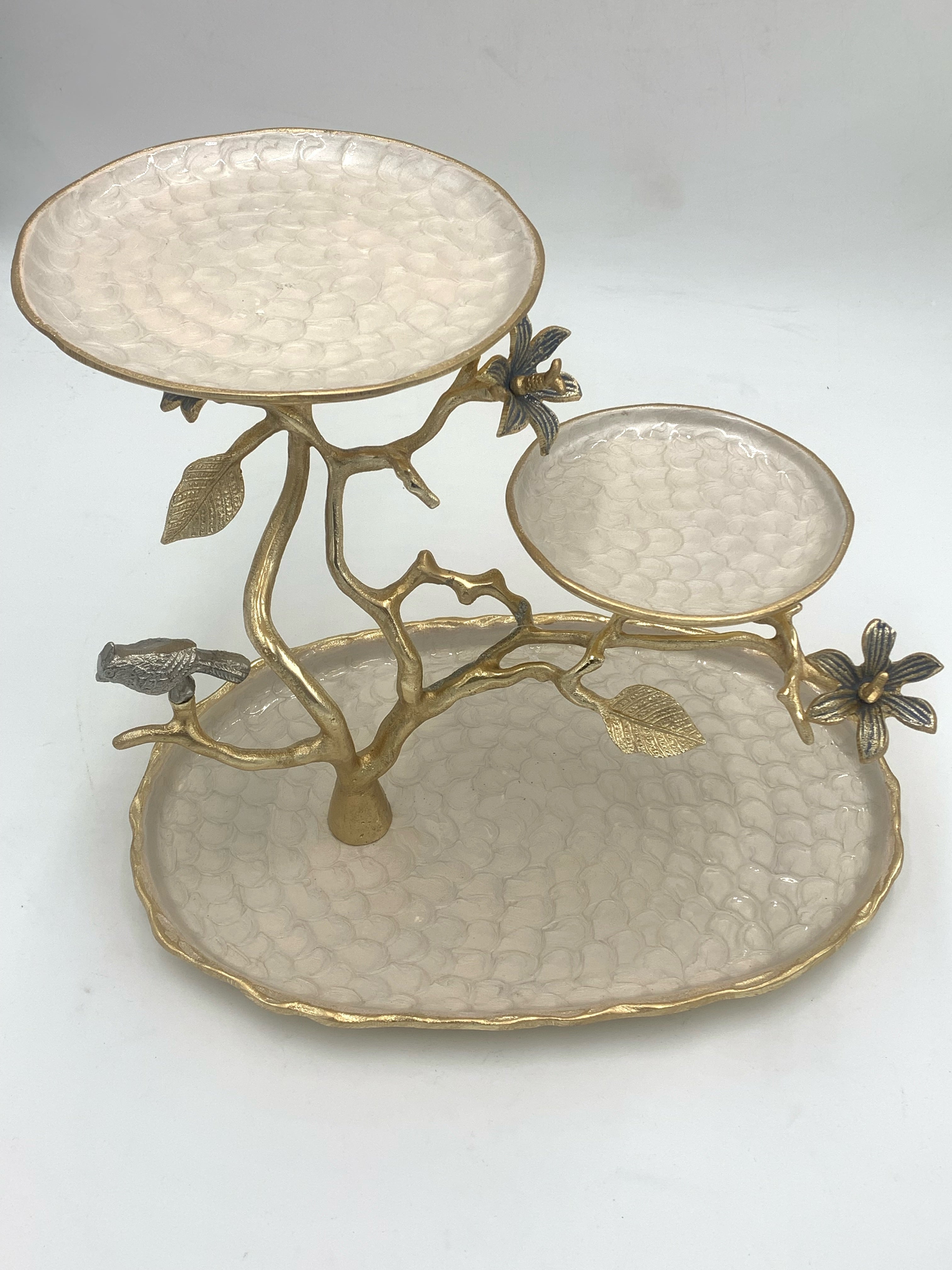 15.75x11x12 Inches 3-Tier Gold/Beige Bird Stand - Decorative Display Shelf for Home, Office, or Garden Decor