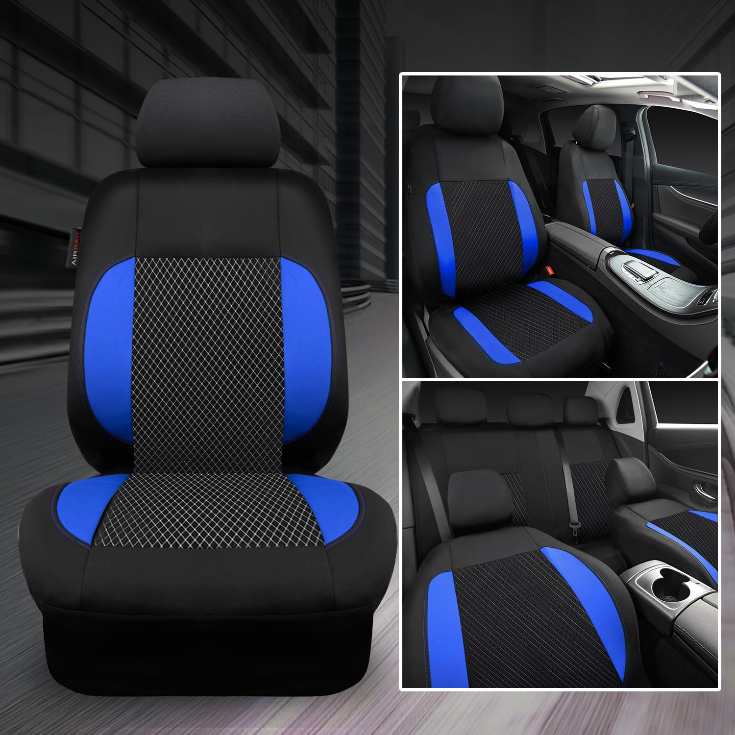 3D Embossed Waterproof Car Seat Covers Full Set - Universal Fit for SUV Sedan Truck - EVA Neoprene Material with Airbag Compatibility - Black & Blue Design - Perfect for Road Trips, Daily Commute & Outdoor Adventures