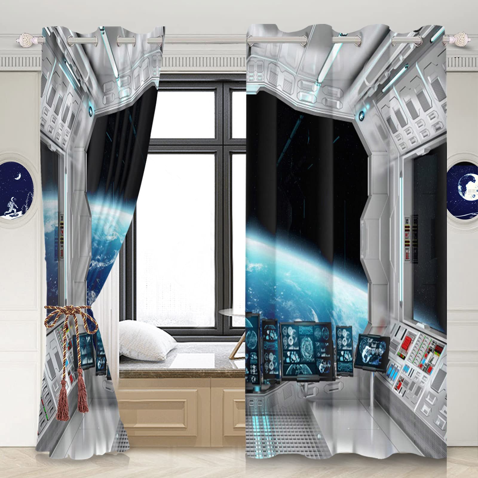 Futuristic Spacecraft Kitchen Curtains - Blackout Window Drapes with Planet View, 42x63 Inch (2 Panels) - Perfect for Sci-Fi Themed Rooms & Space Enthusiast Home Decor
