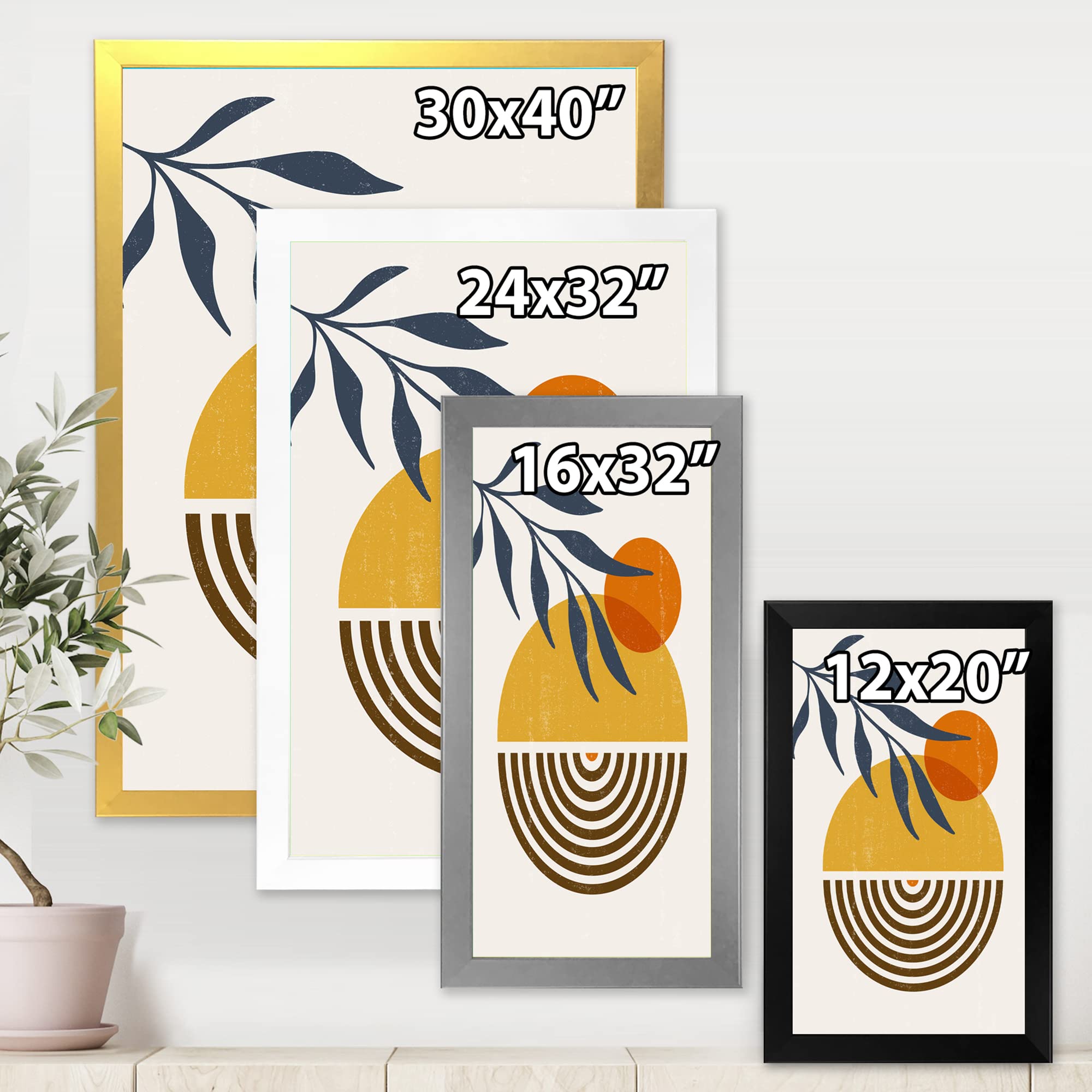 DesignQ Botanical Minimalist Leaf Abstract Shapes IV Modern Framed Wall Art - Perfect for Living Room, Bedroom & Office Decor