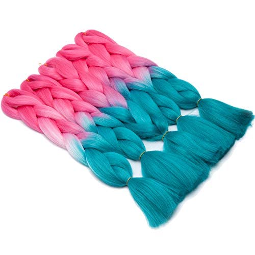 24 Inch Ombre Jumbo Braiding Hair Extensions - 3 Bundles High Temperature Fiber Synthetic Hair for Box Braids & Twist Braids (Dark Pink to Lake Blue Gradient) | Perfect for Protective Styles, Crochet Braiding & Festival Hairstyles