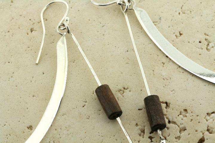 Handmade Sterling Silver Curve & Rosewood Bead Drop Earrings for Women - Elegant Boho Jewelry for Parties, Weddings & Everyday Wear