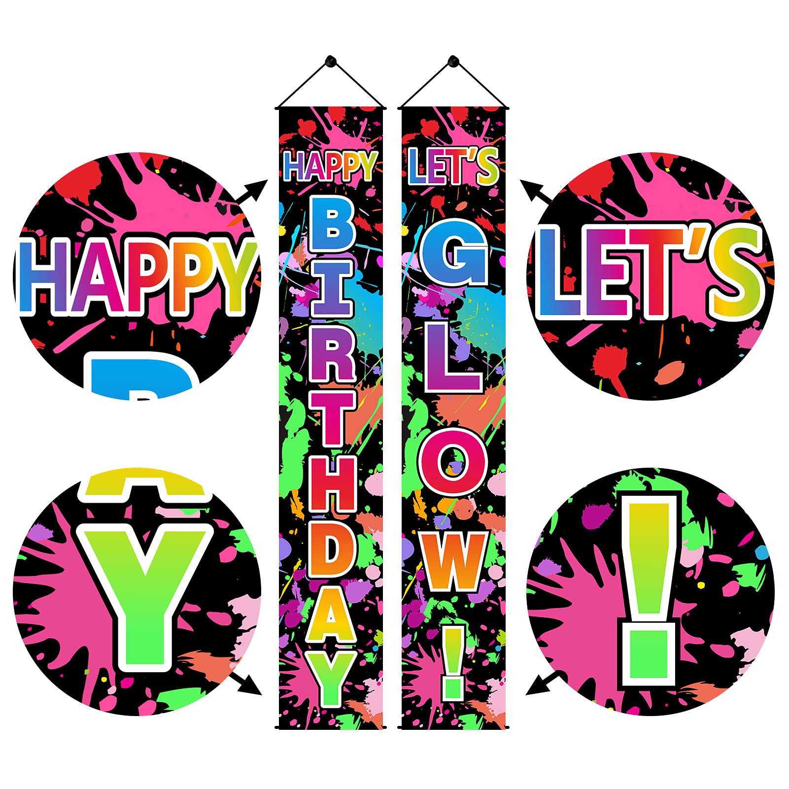 Glow in the Dark Neon Birthday Party Decorations - Happy Birthday Door Banner & Photography Backdrop - Perfect for Glow Themed Parties, Nighttime Celebrations, and Porch Photo Shoots