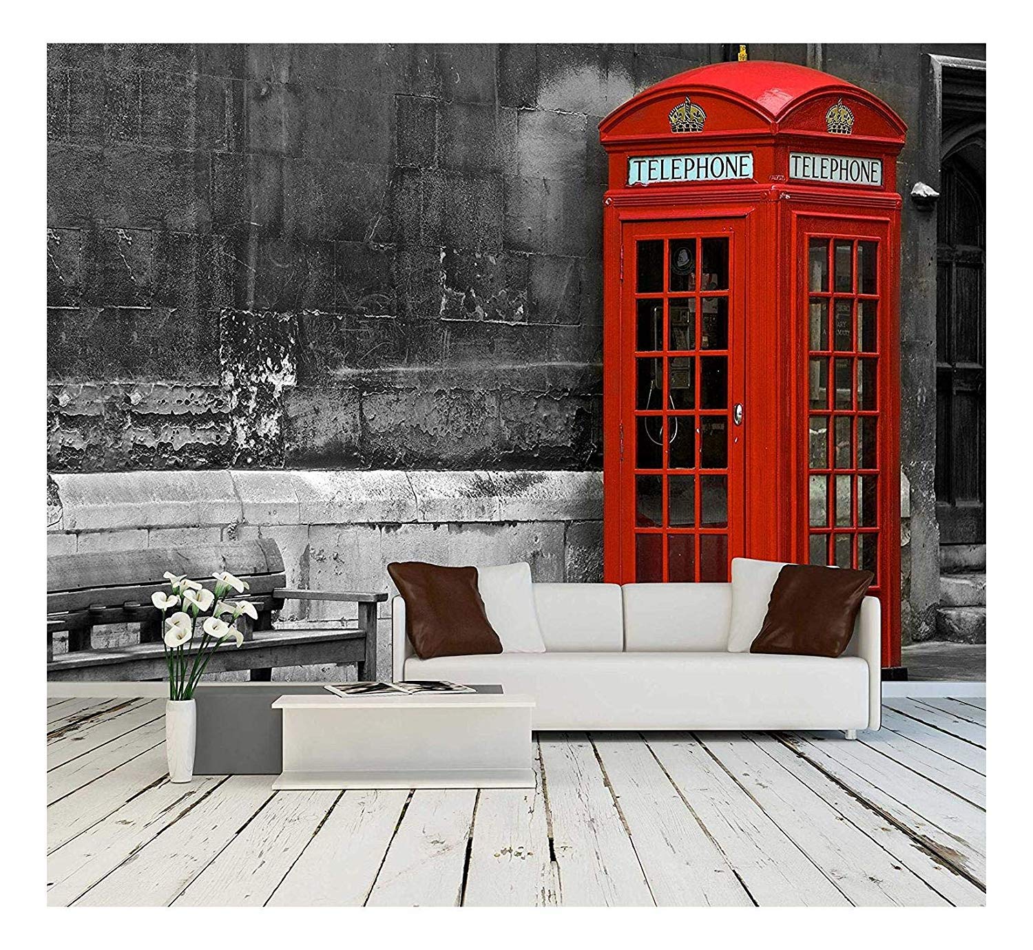 wall26 - Vintage British Phone Booth with Weathered Wooden Bench Wall Mural - Self-Adhesive Removable Wallpaper (100x144 inches) - Perfect for Living Room, Bedroom, or Office Decor