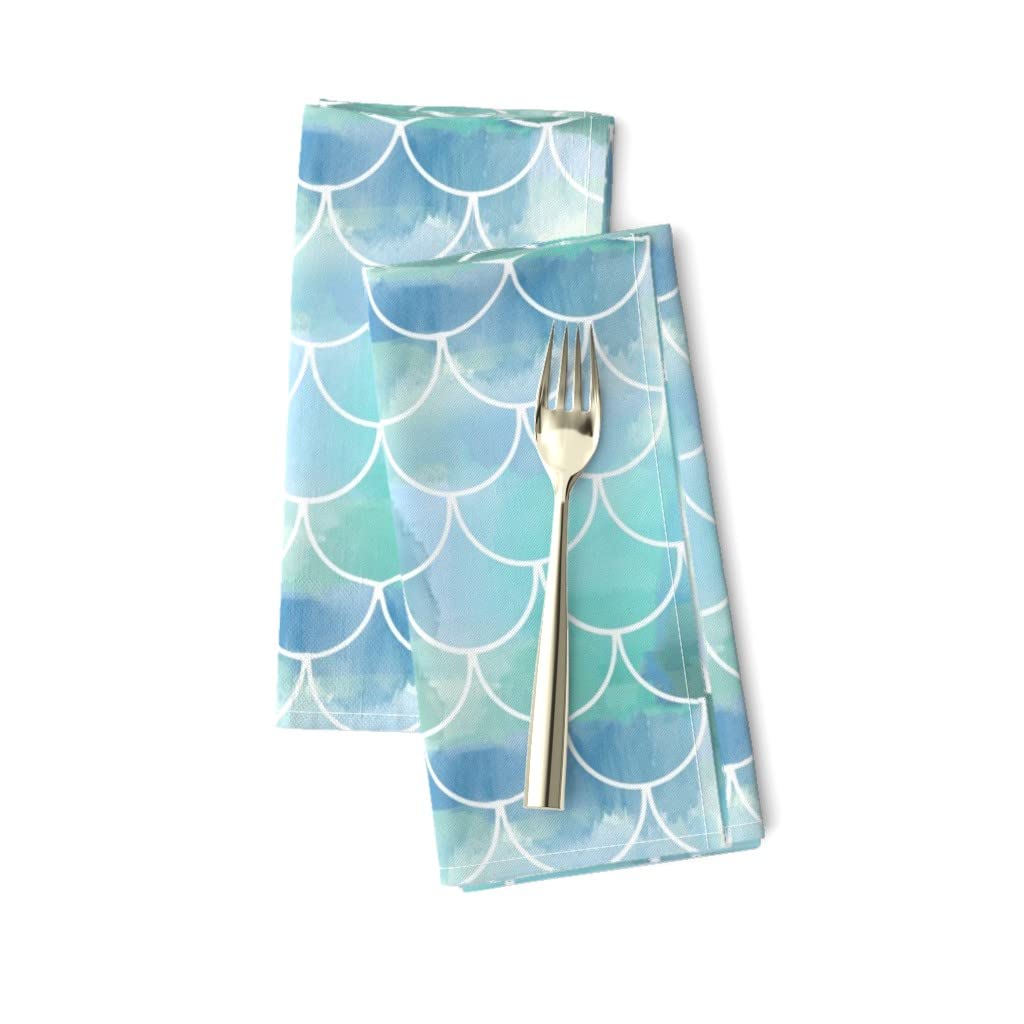 Premium Linen Cotton Canvas Dinner Napkins Set of 2 - Mermaid Scales Blue Aqua Watercolor Nautical Print | Elegant Table Setting for Parties, Weddings & Home Decor