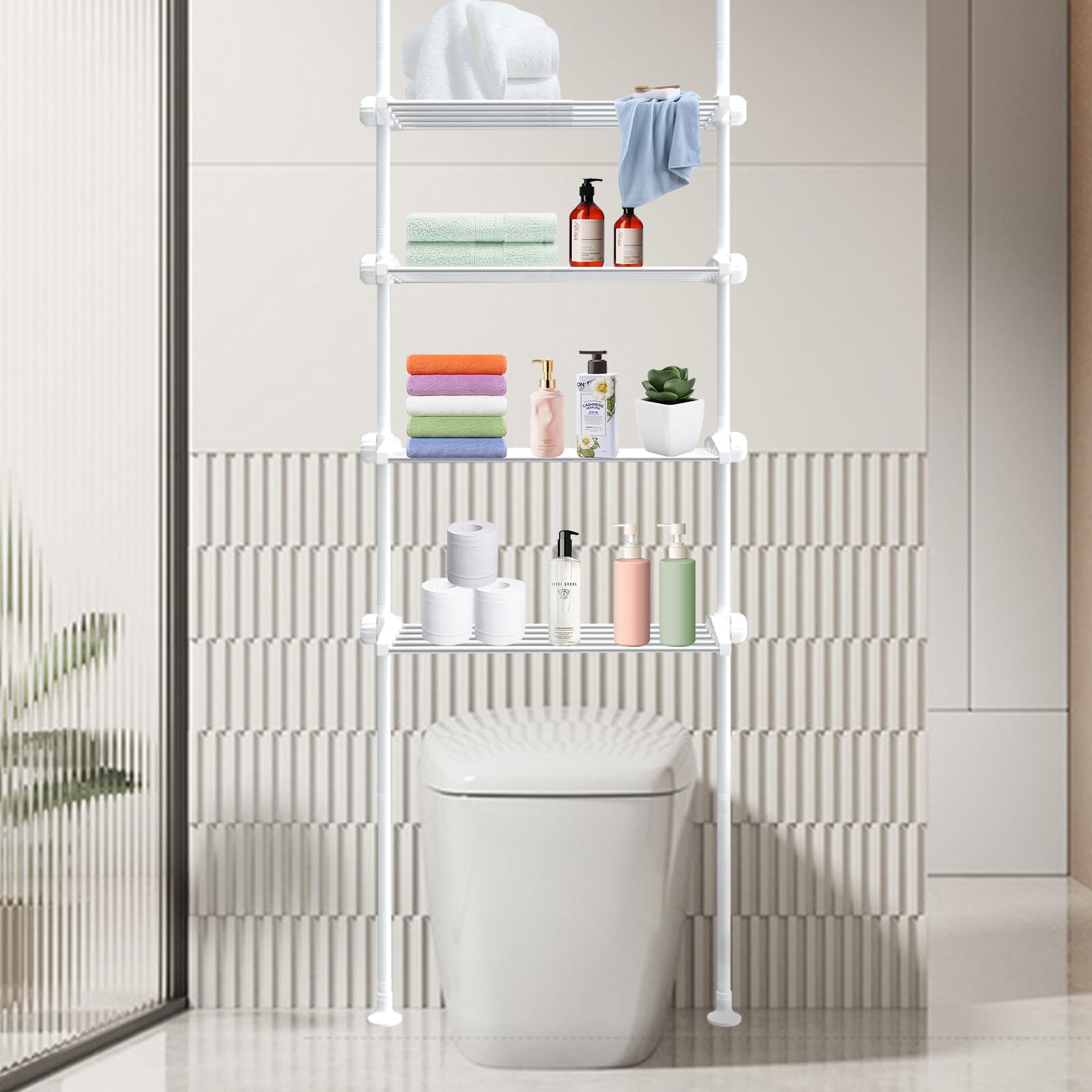 Adjustable Over The Toilet Storage Shelf - 91-124 Inch 4-Tier Bathroom Organizer Rack | Stainless Steel Space Saver for Small Bathrooms | Perfect for Towels, Toiletries & Bathroom Essentials (White)