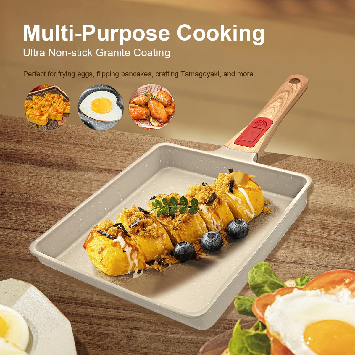 Nonstick Japanese Tamagoyaki Pan - 9” x 8” Omelette Pan with Detachable Handle, Oven & Dishwasher Safe - Perfect for Making Egg Rolls, Sushi Omelets & Breakfast Crepes (White)