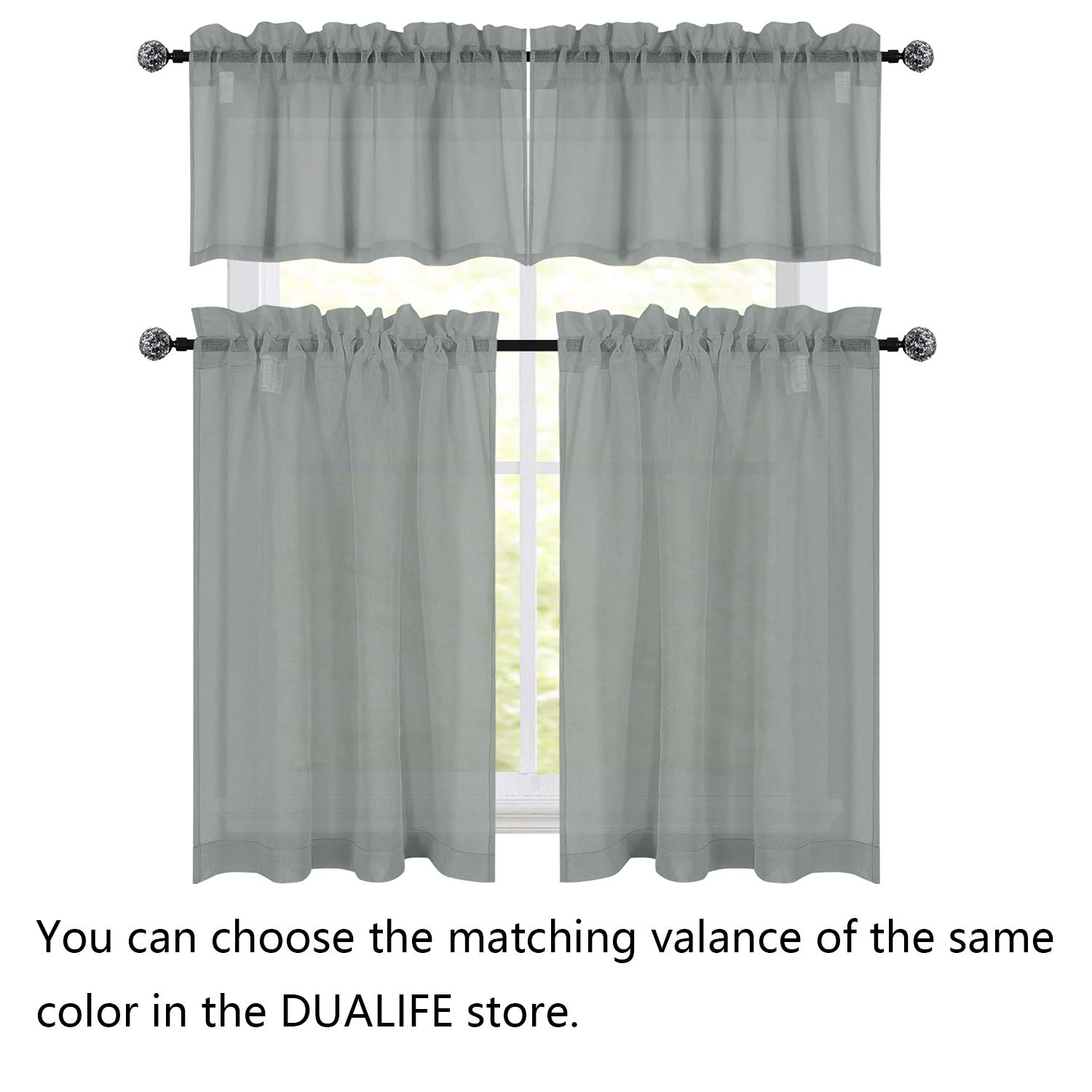 Grey Sheer Kitchen Curtains 36 Inch Length - Rod Pocket Tier Cafe Curtains, Linen Look Semi-Sheer Drapes for Privacy - Perfect for Basement, Bathroom & Small Windows (34x36 Inches) | Ideal for Kitchen Decor, Half Window Covering & Home Aesthetic