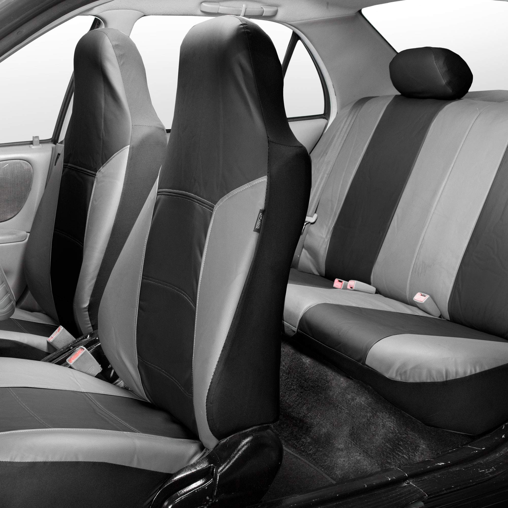 Premium FH Group PU Leather Car Seat Covers Full Set - Universal Fit 1-Piece Front & Split Bench Rear Seat Covers | Airbag Compatible for SUV, Sedan, Truck (Gray/Black) | Waterproof & Comfort Upgrade for Road Trips, Daily Commute