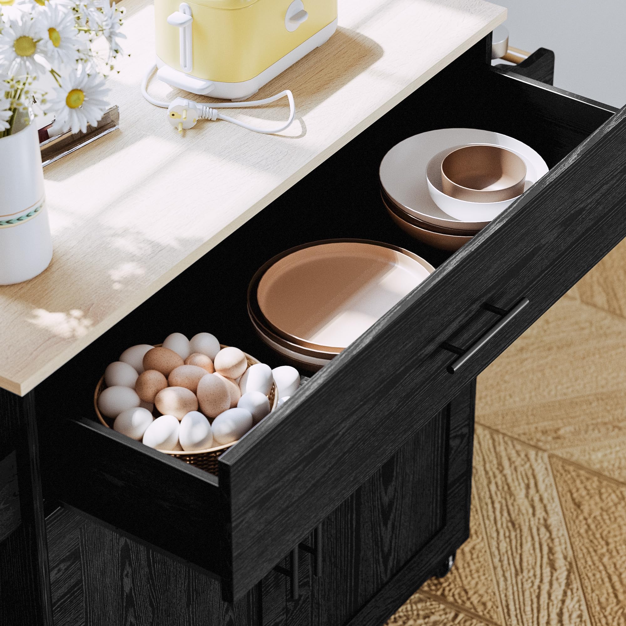 IRONCK Black Kitchen Island Cart with Storage - Rolling Mobile Kitchen Island with Drop Leaf, Charging Station, 3-Tier Spice Rack, Cabinet & Drawer - Perfect for Small Kitchens, Dining Areas & Food Prep Stations