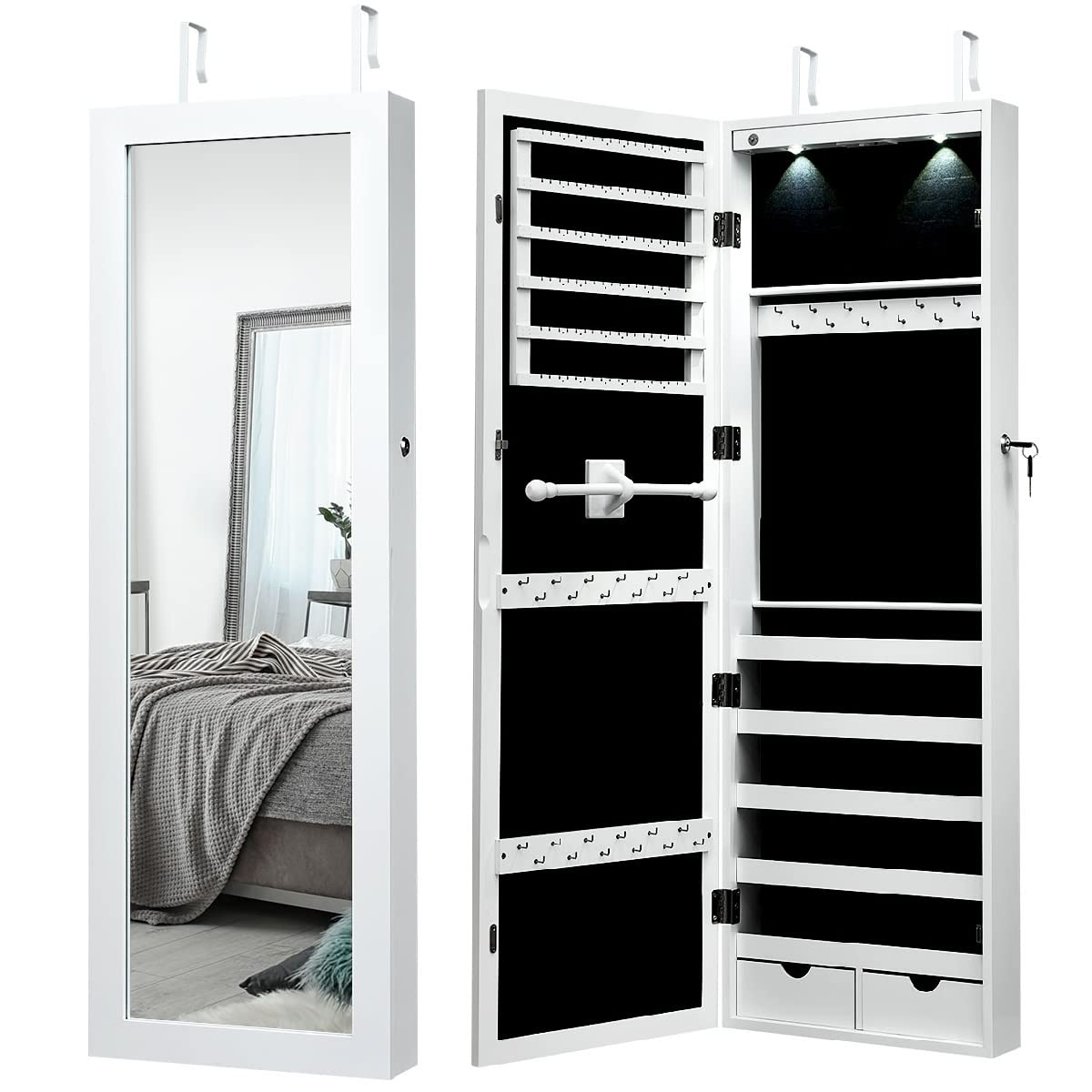 Wall Mounted Jewelry Armoire with LED Lights & Full-Length Mirror - Lockable Jewelry Cabinet Organizer with Drawers for Necklaces, Rings & Makeup Storage - Perfect for Bedroom Closet, Dressing Room & Vanity (White)