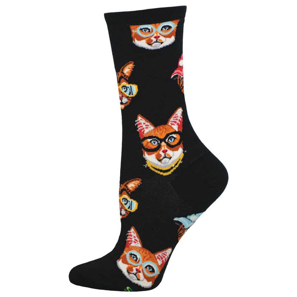 Socksmith Women's One Cool Cat Crew Socks - Black Cotton Ankle Socks for Women - Perfect for Casual Wear, Gifts & Cat Lovers