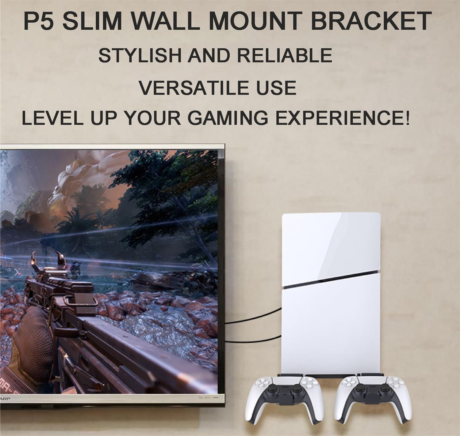 Scosao Wall Mount Bracket for PS5 Slim/PS5 Console (Disc/Digital Edition) - Heavy Duty Steel Mount with 2 Removable Controller Holders & Headphone Hook - Perfect for Gaming Room, Bedroom, and Space-Saving Setup