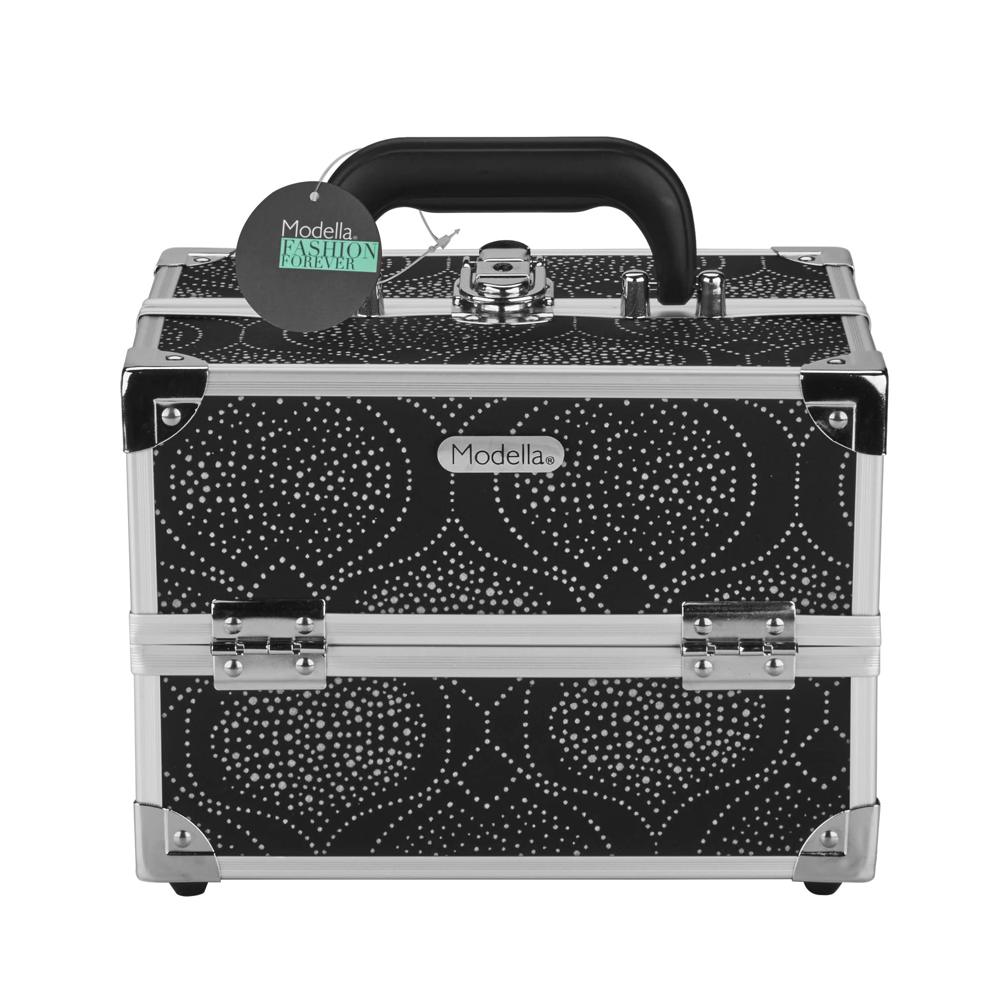 Conair Makeup Beauty Case - Black Print Cosmetic Organizer with Expandable Shelves & Locking Latch | Travel-Friendly Makeup Storage for London SOHO & New York Style | Perfect for Home, Travel & Professional Makeup Artists
