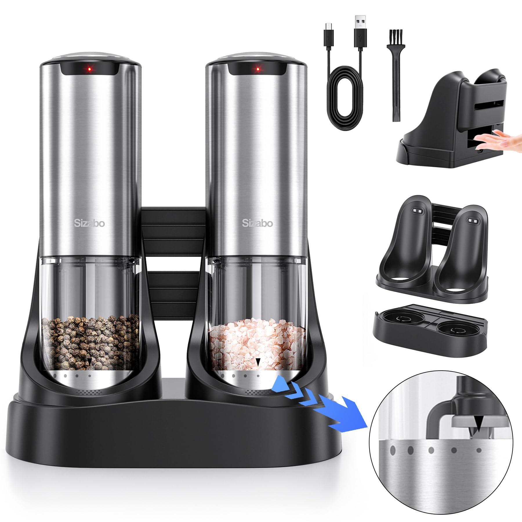 Electric Salt and Pepper Grinder Set - USB Rechargeable, One-Hand Operation, Adjustable Coarseness with LED Light - Perfect for Kitchen, Restaurant & Outdoor Dining