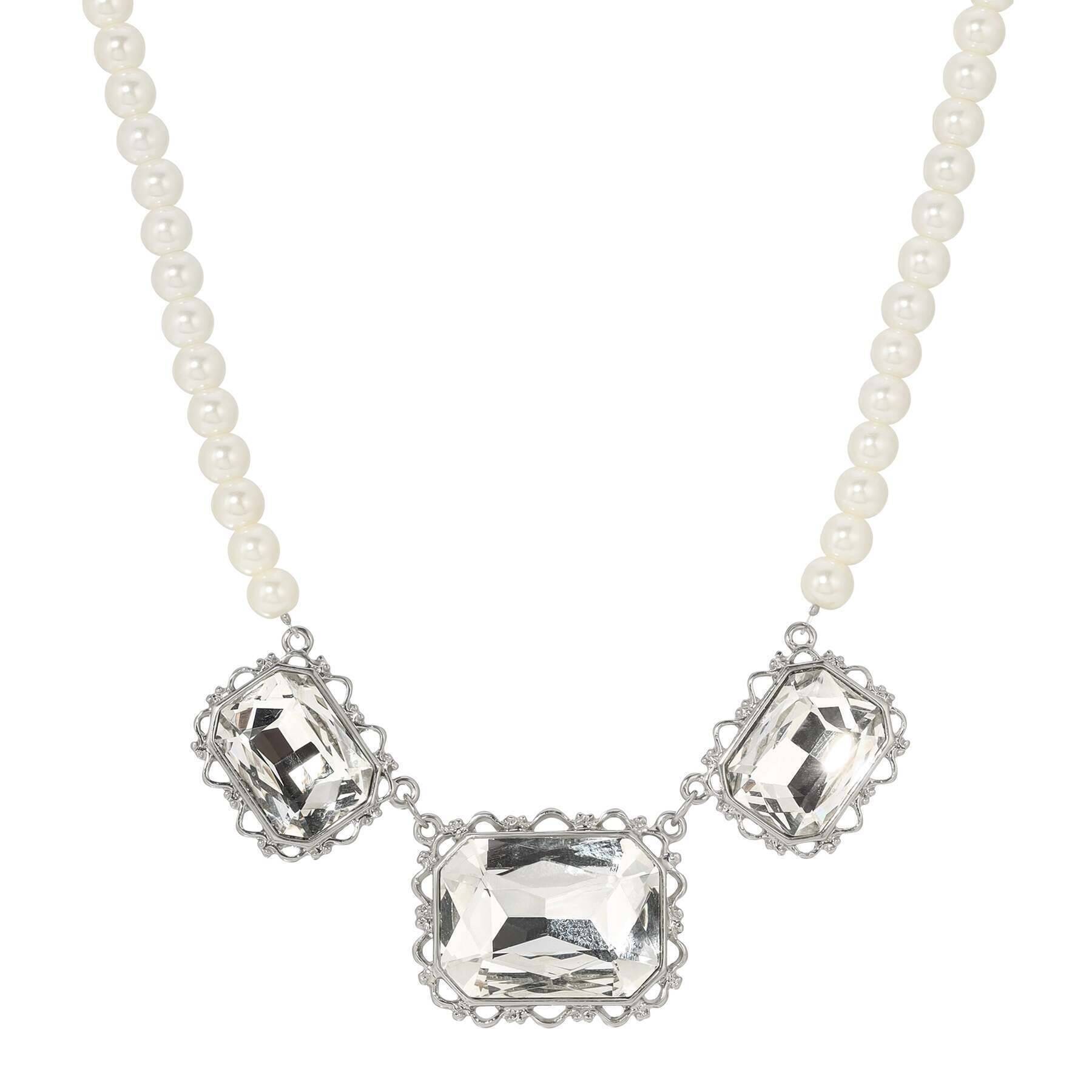 1928 Jewelry Heiress Triple Crystal Faux Pearl Statement Necklace - 16