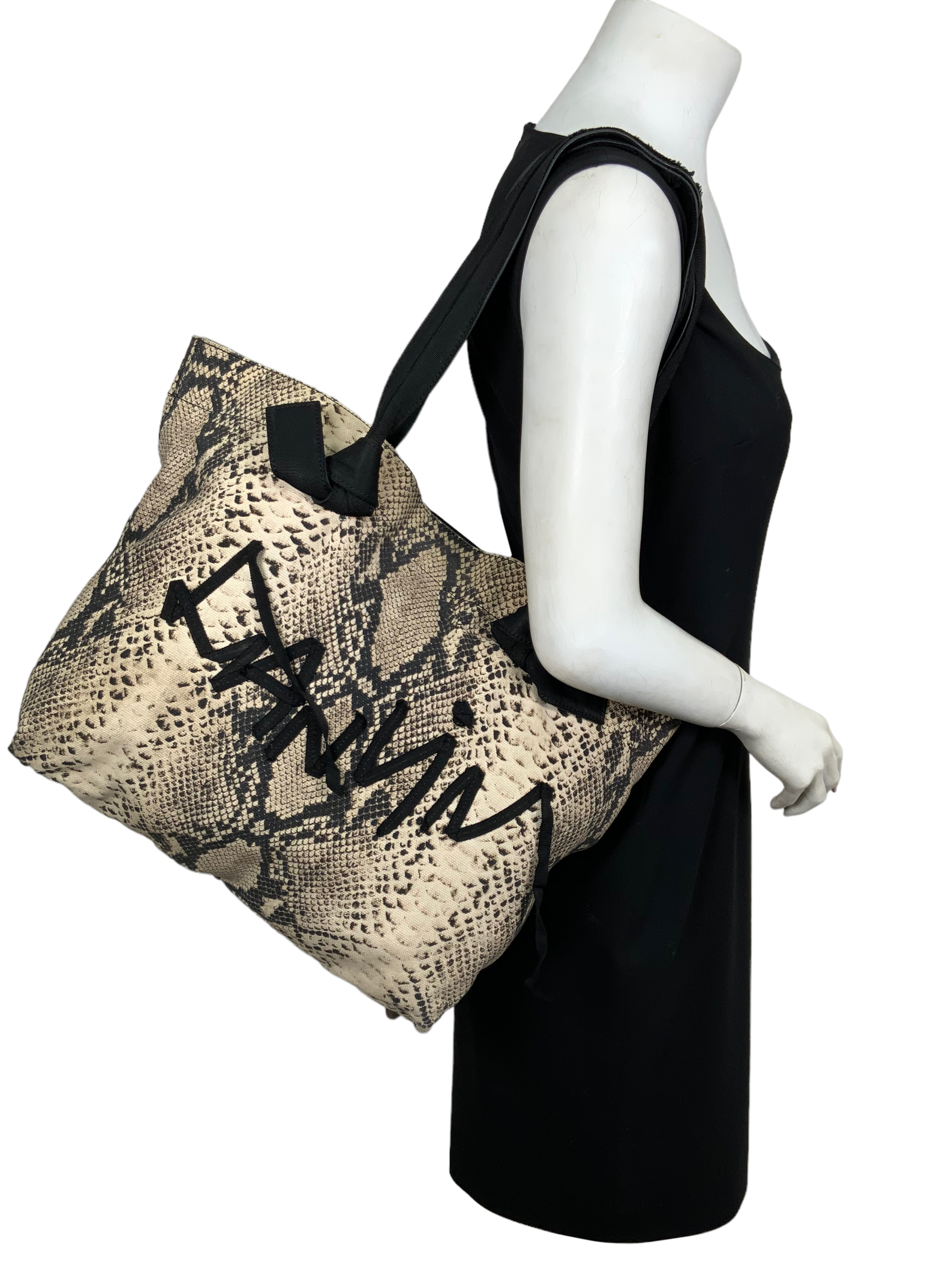 LANVIN Python Snakeskin Printed Canvas Tote Bag with Ribbon Logo - Luxury Designer Handbag for Women, Perfect for Work, Travel and Everyday Use