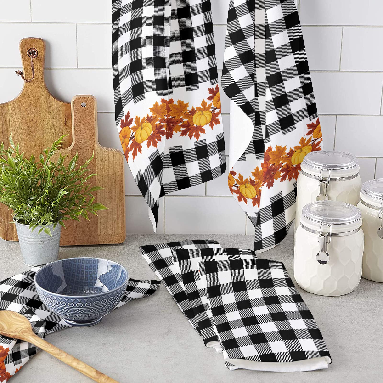 Premium Microfiber Kitchen Towels Set of 2 - Super Absorbent & Quick-Drying Dish Towels (18x28 Inch) for Thanksgiving & Fall Decor - Soft Reusable Cleaning Cloths for Dishes, Countertops & Glassware - Pumpkin Maple Leaf Black White Plaid Design