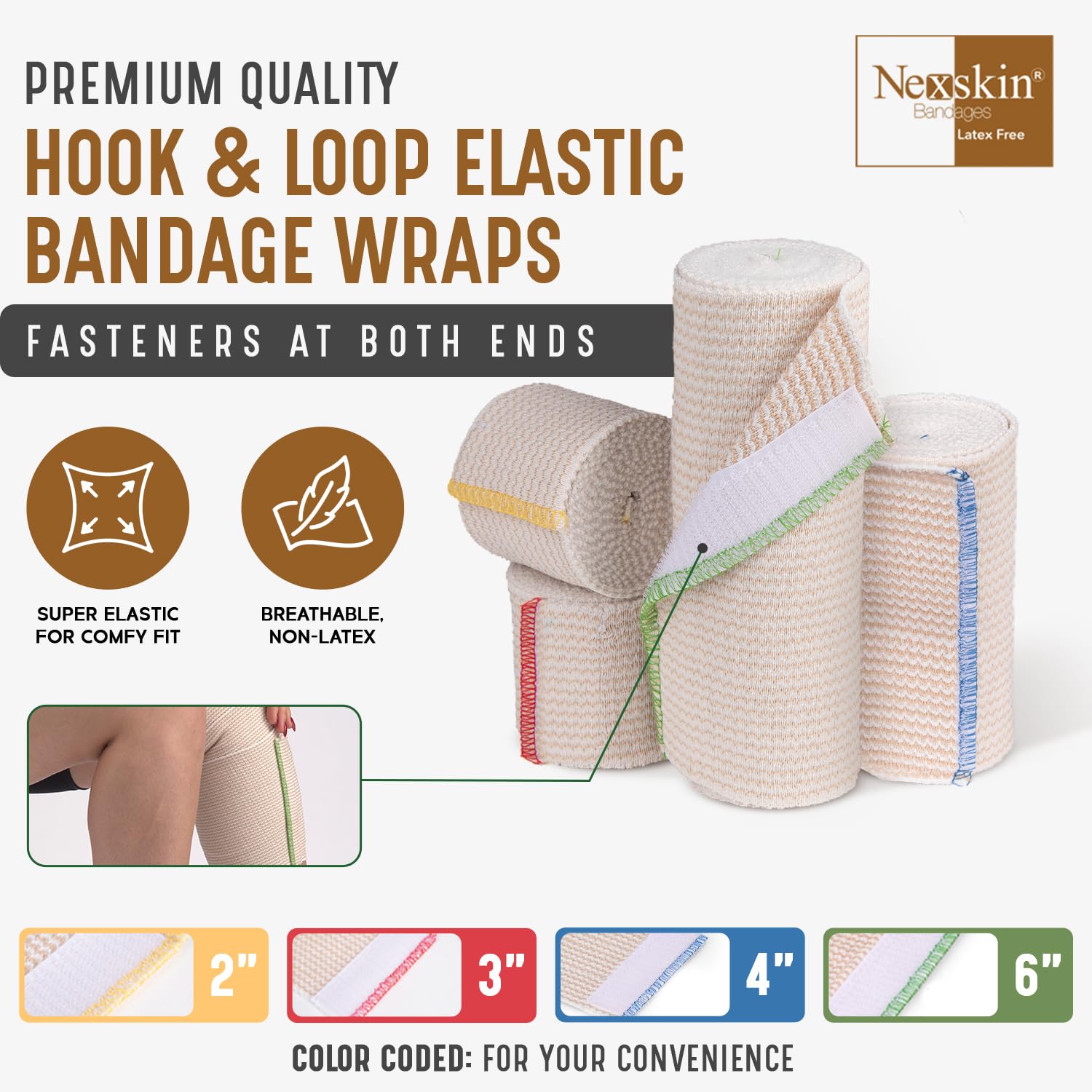 Premium Elastic Bandage Wrap (4” Wide, 50 Pack) - Latex-Free Athletic & Medical Compression Bandages with Hook & Loop Fasteners - Washable & Reusable for Sports Injuries, First Aid, Sprains, and Post-Surgery Support