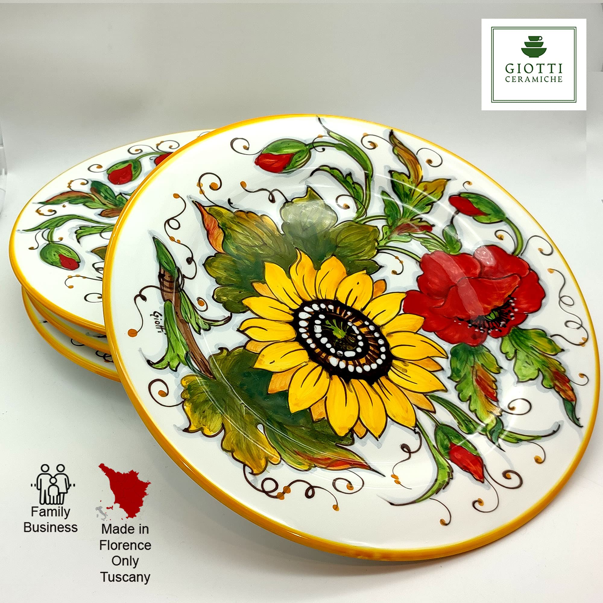 Italian Ceramic Dinnerware Set for 4 - Hand Painted Tuscan Kitchen Dishes with Sunflower & Poppy Design - Authentic Italian Pottery Plates, Bowls & Cups - Elegant Home Decor & Perfect for Dinner Parties, Weddings & Italian-Themed Events