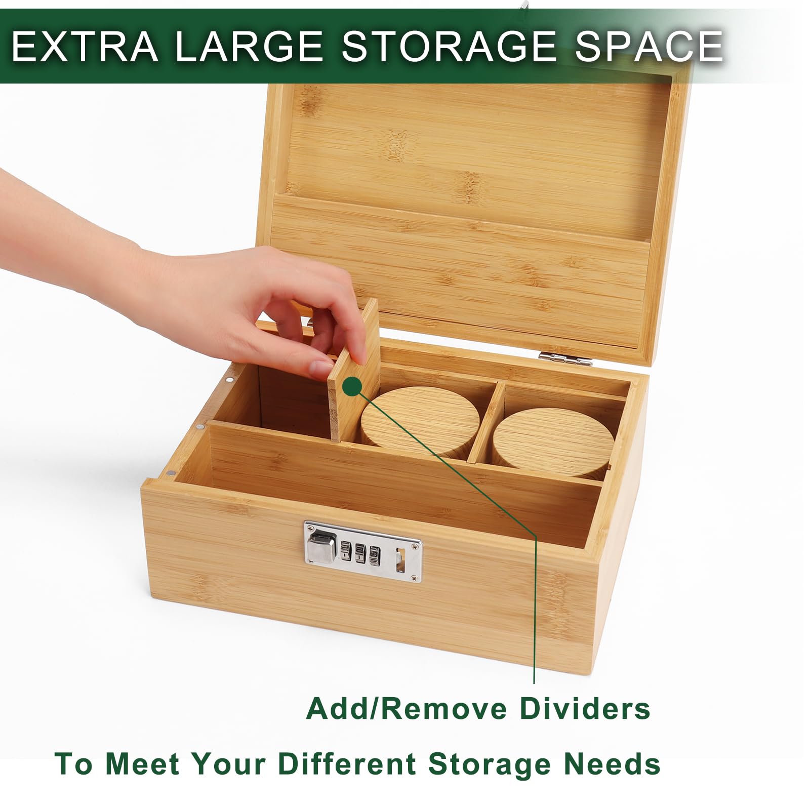 Premium Bamboo Wooden Storage Box Set with Combination Lock - Decorative Home Organizer with Removable Tray & 3 Glass Jars - Perfect Gift for Father's Day, Jewelry Storage, Office Supplies Organization & Home Decor Accessories