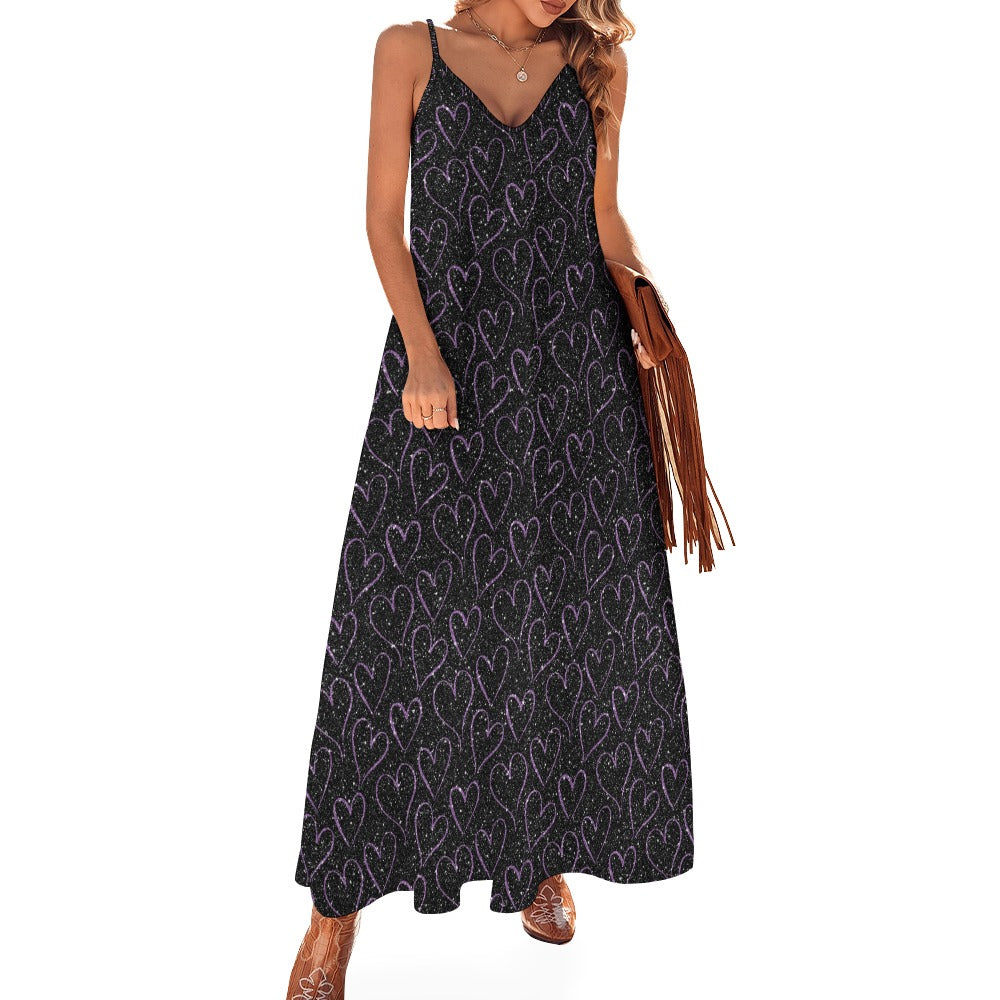 Elegant Purple Sparkling Hearts Sling Ankle Long Dress for Women - Perfect for Evening Parties, Date Nights & Special Occasions