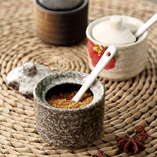 2-Pack Japanese Retro Ceramic Seasoning Jars with Lid & Spoon - Sugar & Salt Storage Containers for Kitchen, Dining Table, and Coffee Bar Decor