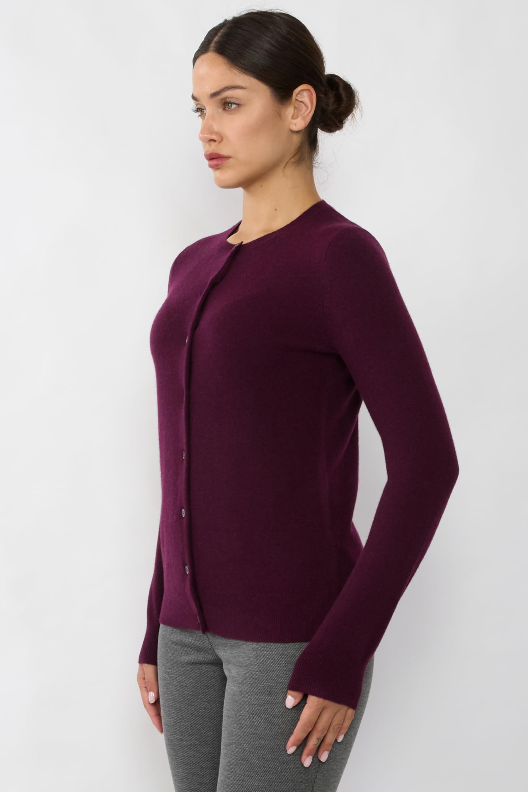 JENNIE LIU Women's 100% Cashmere Button Front Long Sleeve Crewneck Cardigan Sweater - Soft & Warm Winter Knitwear for Office, Travel & Casual Outfits