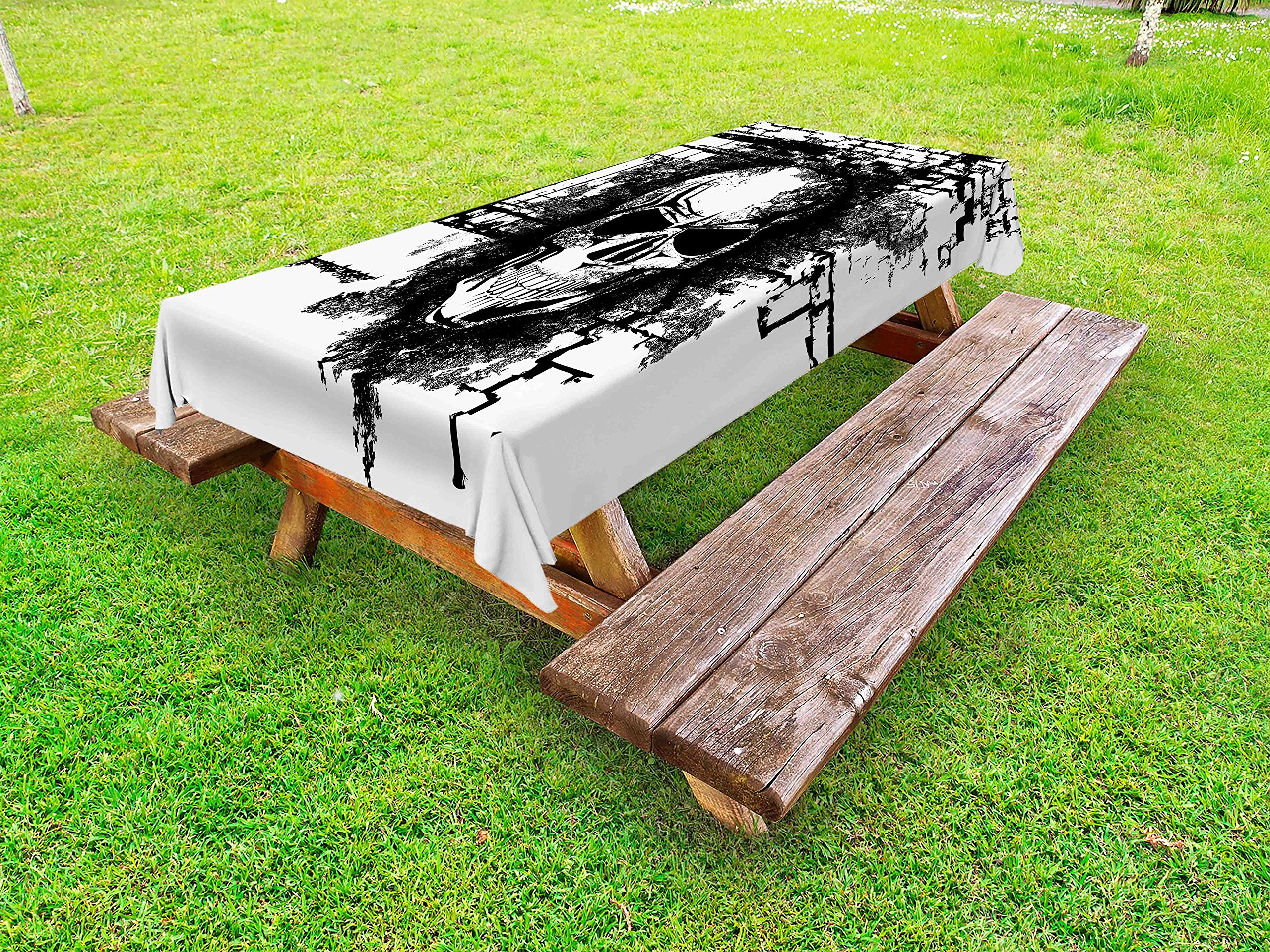 Lunarable Grunge Skull Print Outdoor Tablecloth - Black and White Tattoo Style Brick Wall Art Design, Washable Picnic Table Cover 58