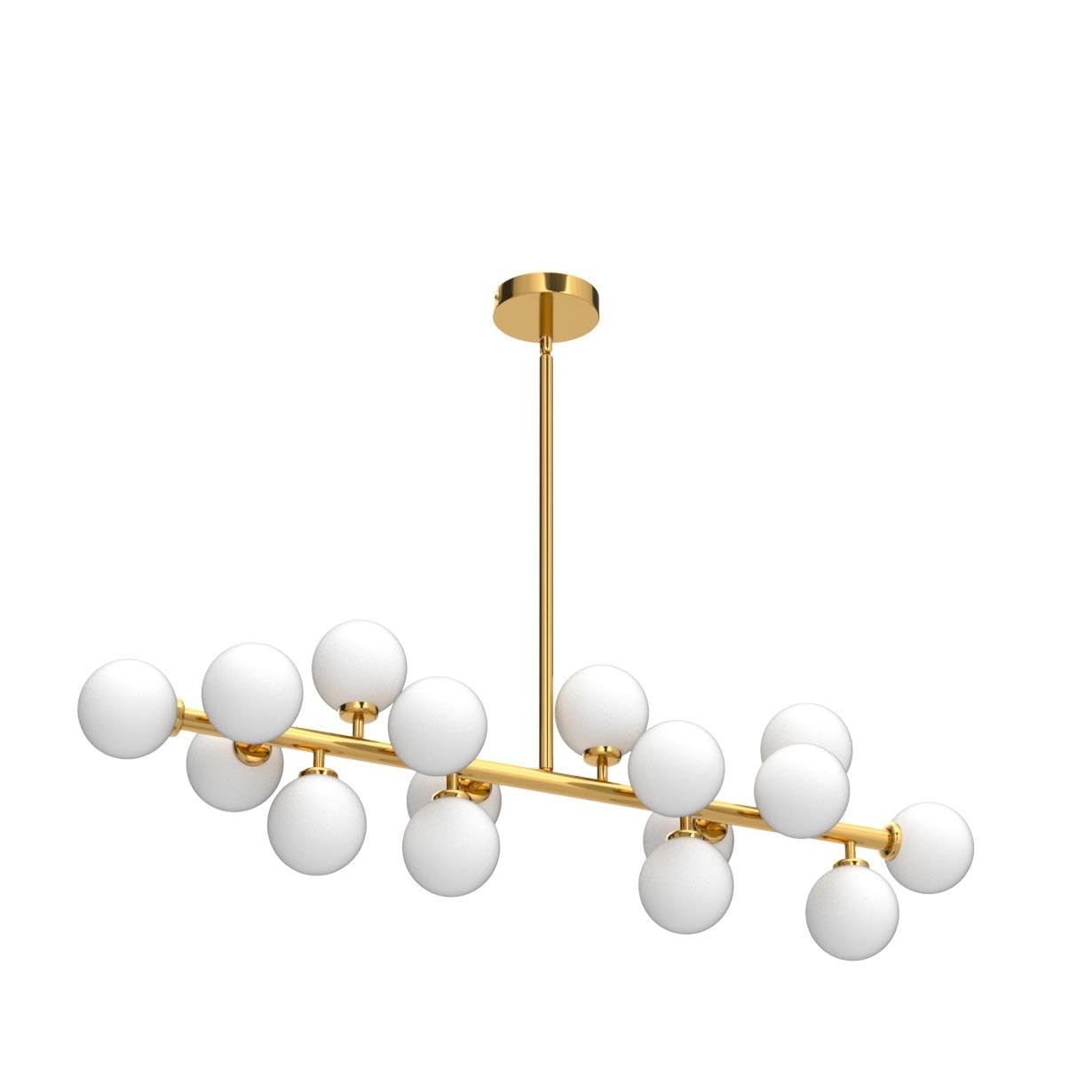 Mid Century Modern Gold Dining Room Chandelier - 16-Light Linear Pendant Lighting with White Glass Globe Shades for Kitchen Island, Dining Table & Living Room | Elegant Vintage Ceiling Light Fixture